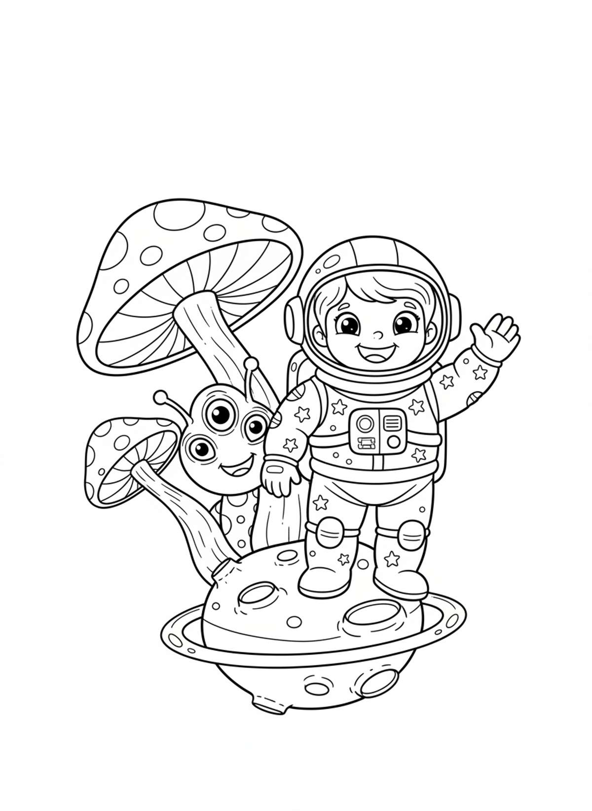 Friendly Astronaut & Alien on Whimsical Planet Coloring Page