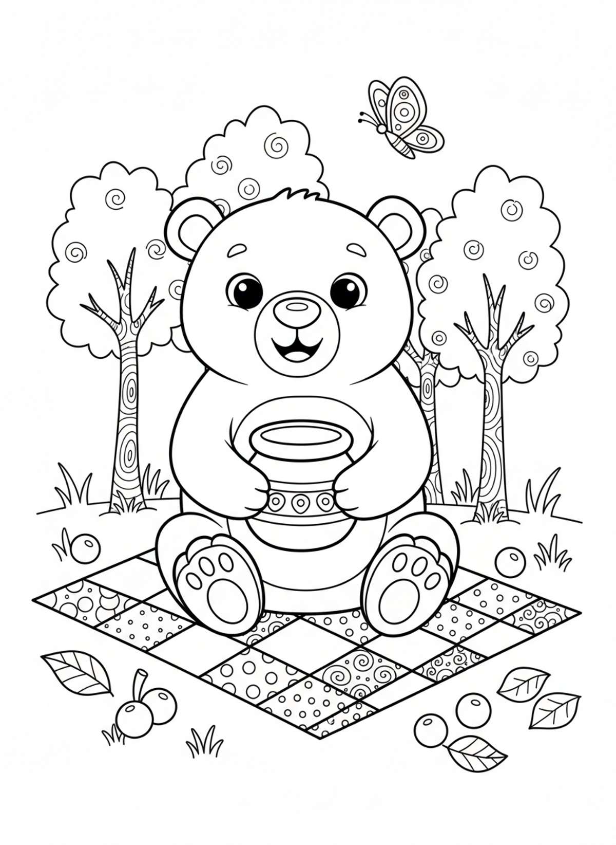 Friendly Bear Picnic Fun Coloring Page for Kids - Bear Coloring Page