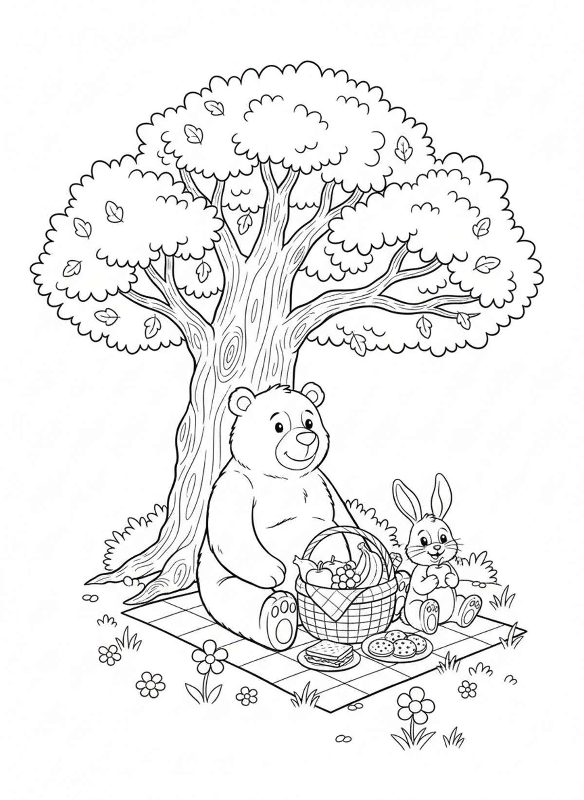 Friendly Bear & Rabbit Picnic Coloring Page for Kids - Friends Coloring Page