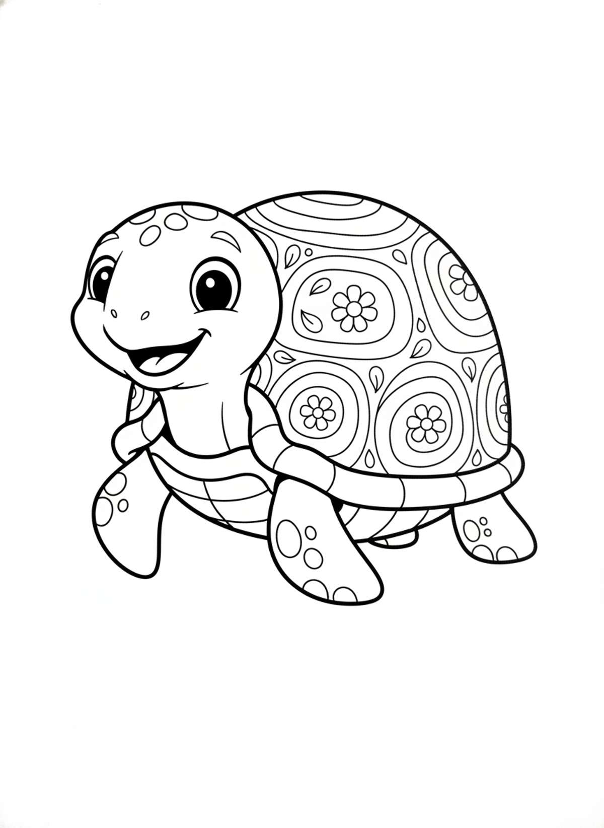 Friendly Cartoon Turtle Coloring Page with Nature Patterns - Ocean Animal Coloring Page