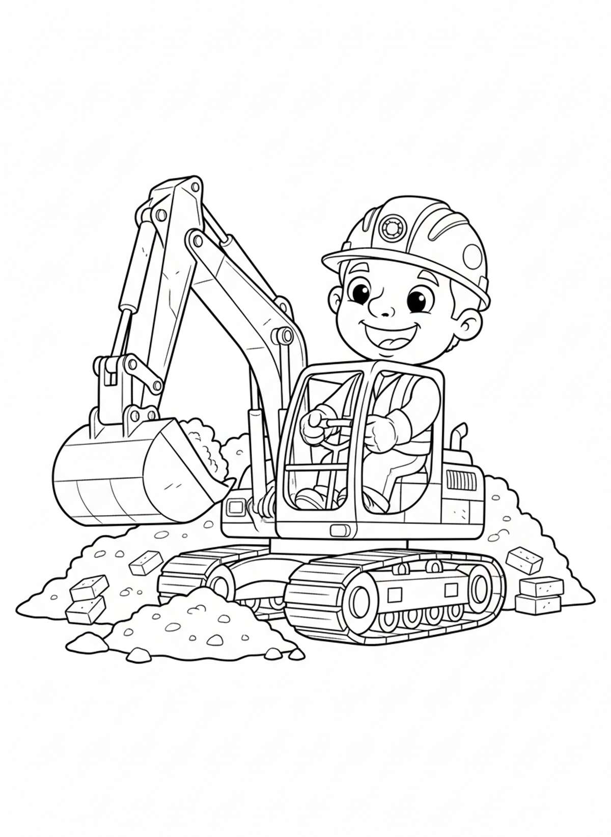 Friendly Construction Worker with Excavator Coloring Page