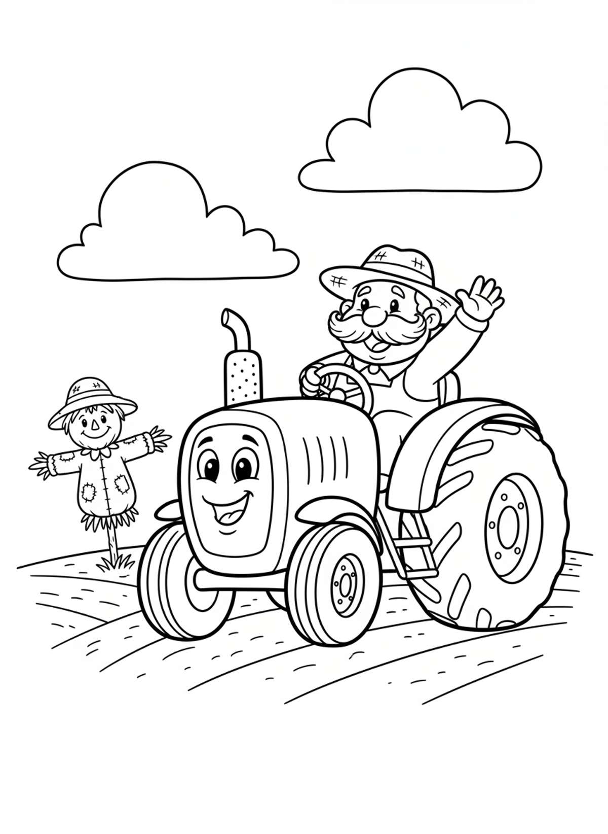 Friendly Farm Tractor & Farmer Kids' Coloring Page