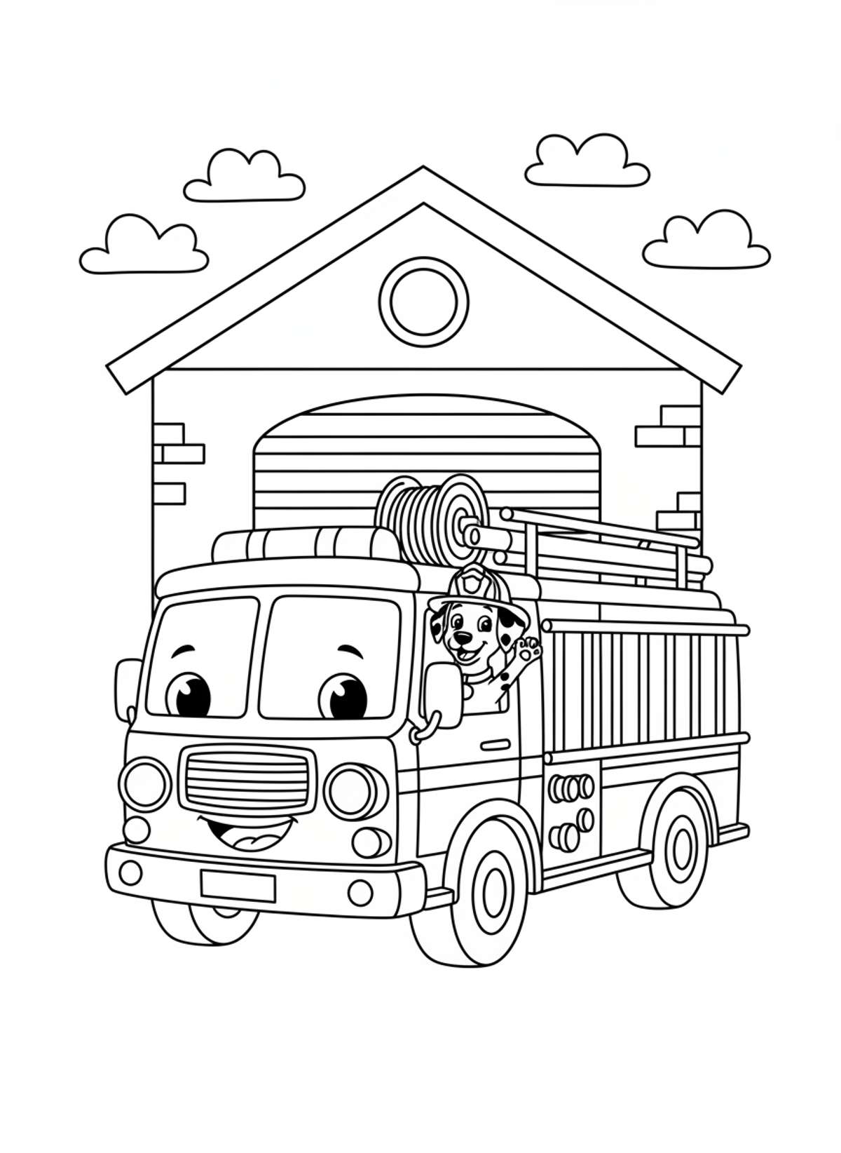 Friendly Fire Truck and Dalmatian Coloring Page for Kids