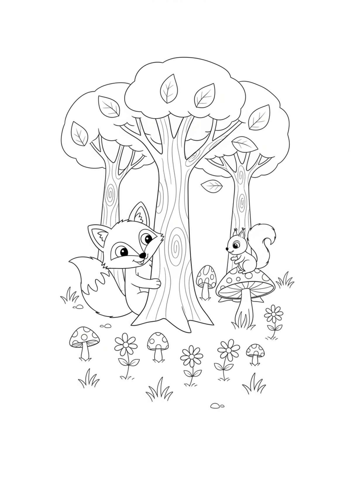 Friendly Fox & Squirrel: Hide-and-Seek Forest Fun Coloring Page - Friends Coloring Page