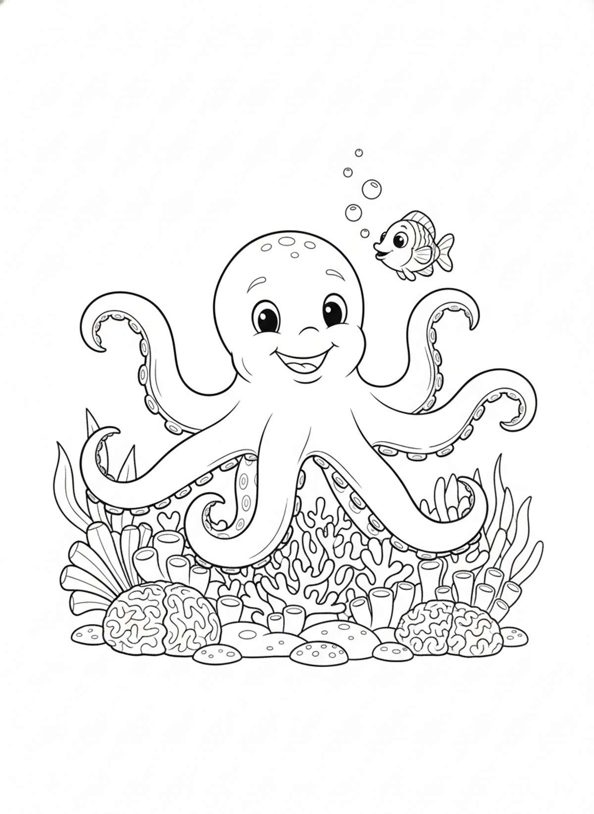 Friendly Octopus & Coral Reef Adventure Coloring Page for Kids