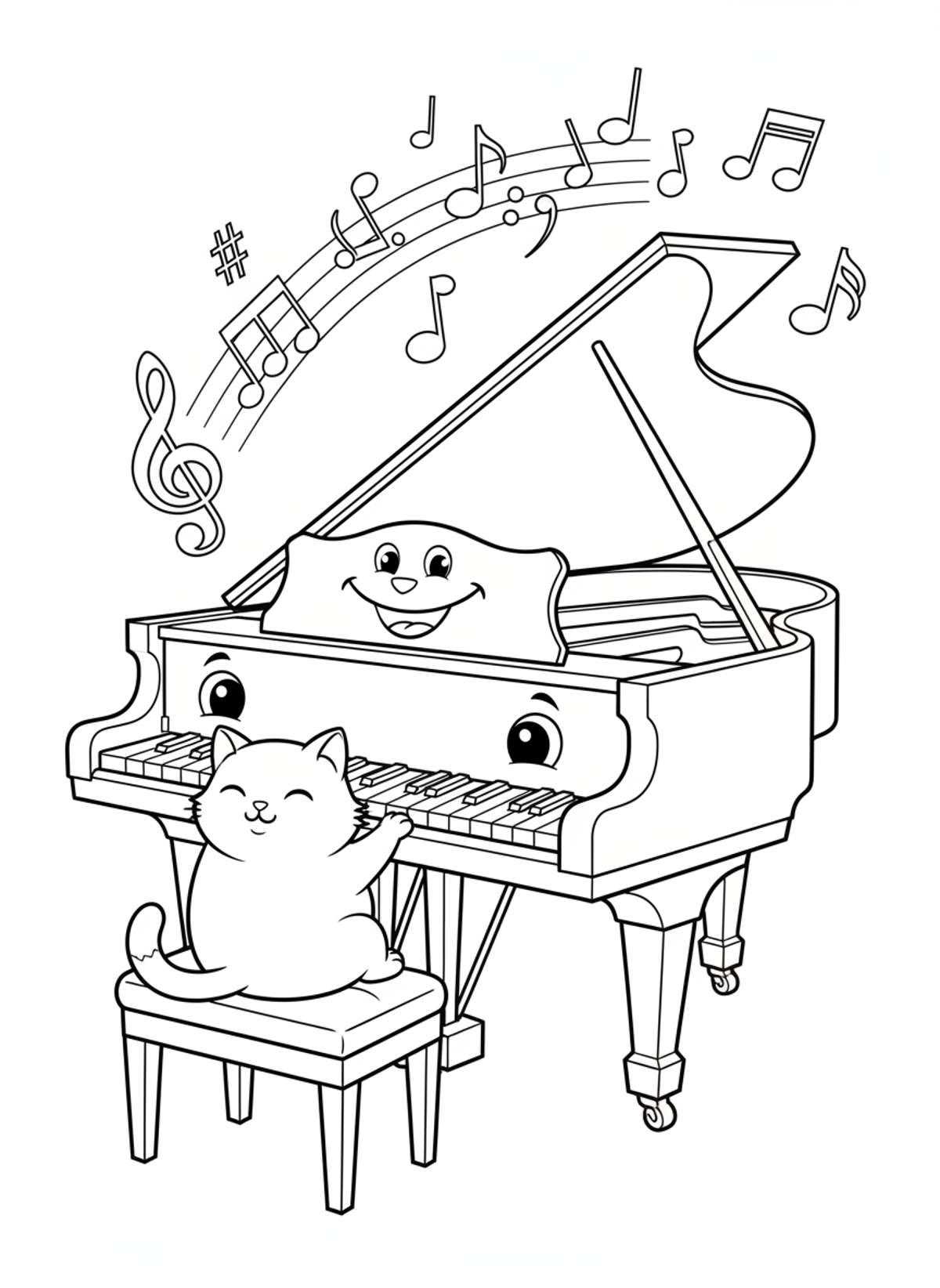 Friendly Piano & Cat Music Adventure Coloring Page