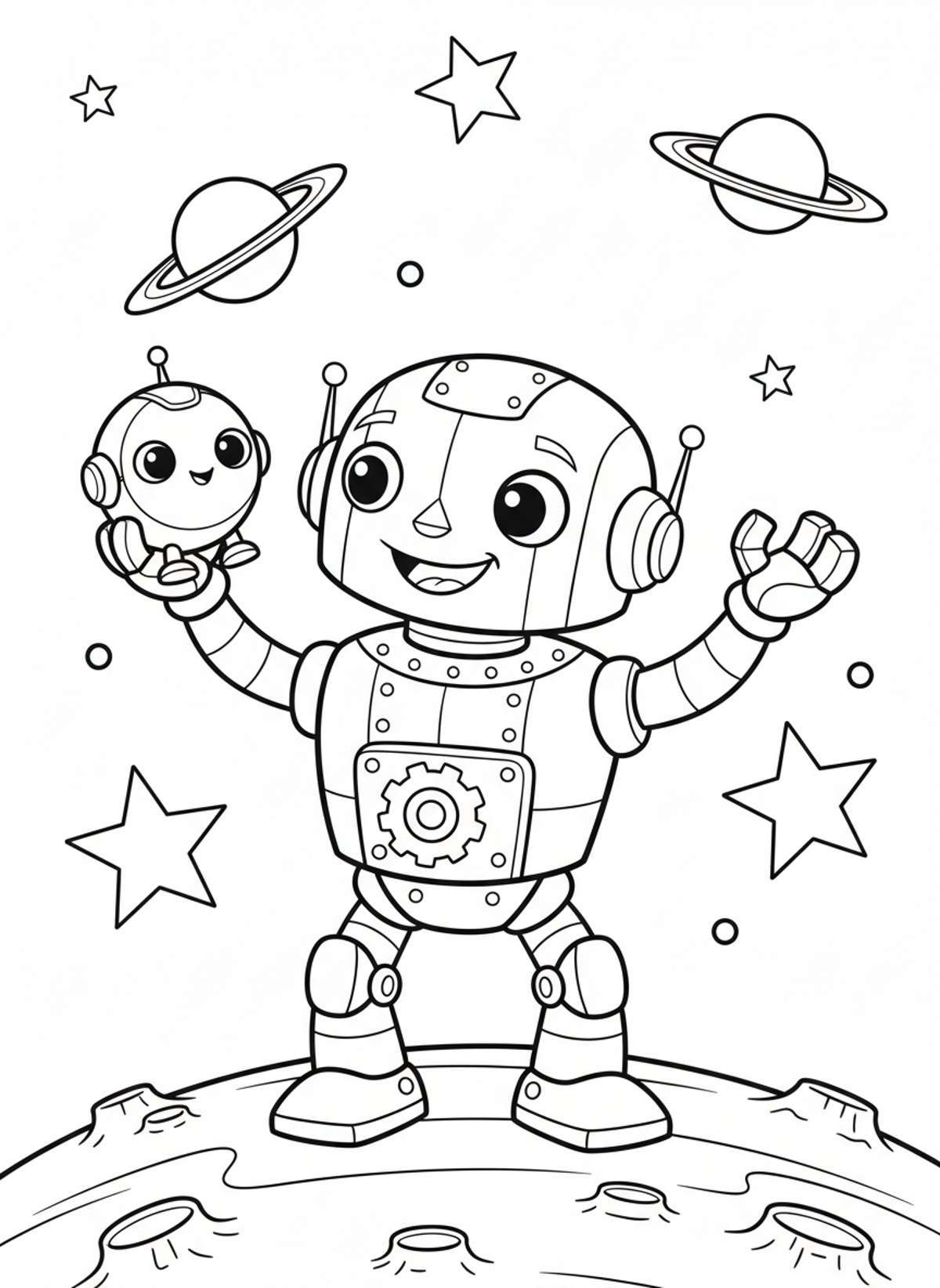Friendly Robot & Pet Robot Space Adventure Kids Coloring Page - Robot Coloring Page