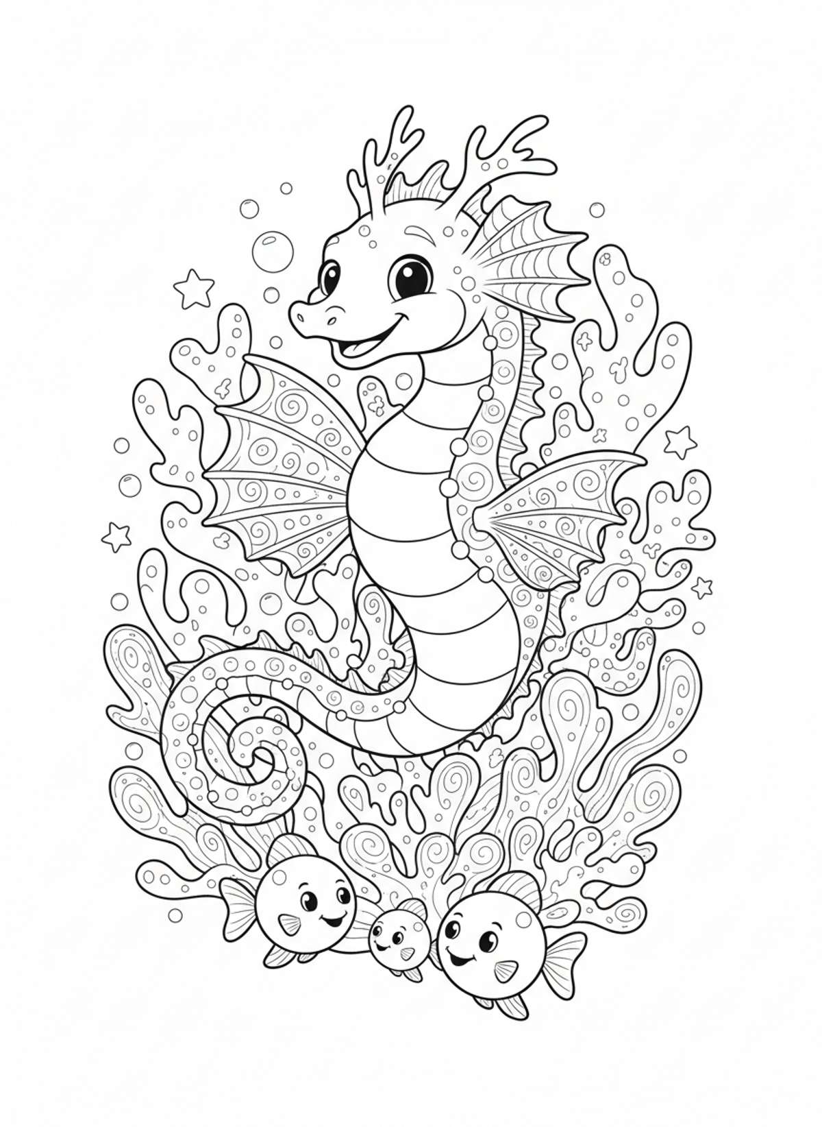 Friendly Seadragon & Whimsical Coral Coloring Page for Kids - Ocean Animal Coloring Page