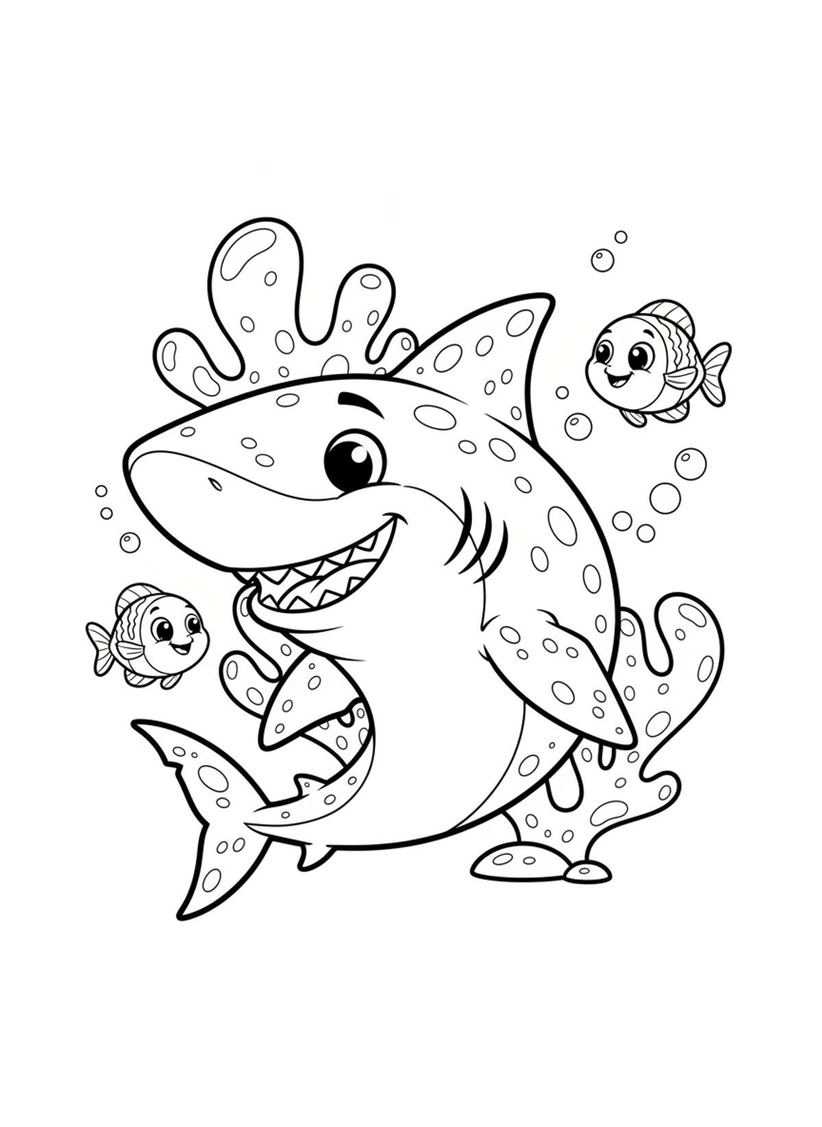 Friendly Smiling Cartoon Shark Coloring Page for Kids