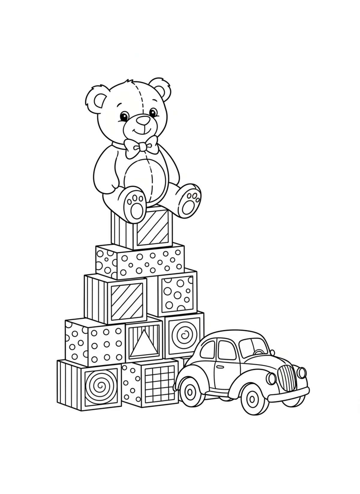 Friendly Teddy Bear with Toy Car and Building Blocks Coloring Page