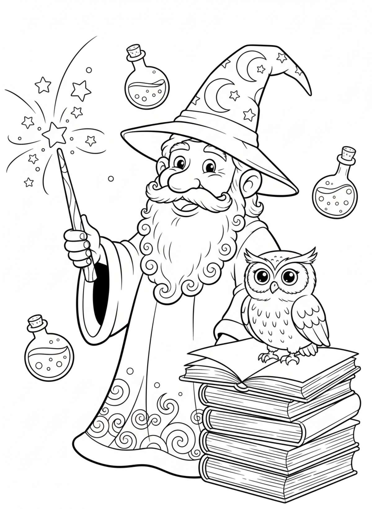 Friendly Wizard & Magic Wand Coloring Page for Kids
