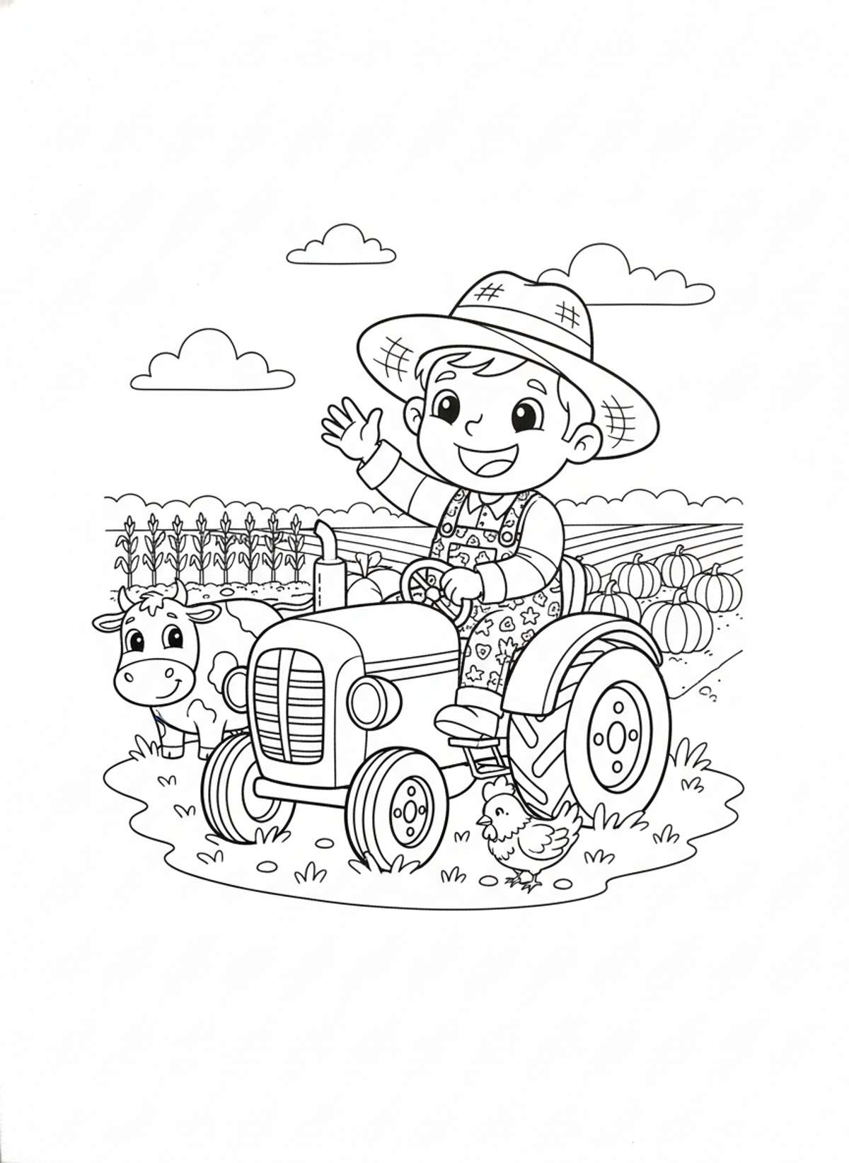 Fun Farm Adventure: Farmer and Tractor Coloring Page for Kids
