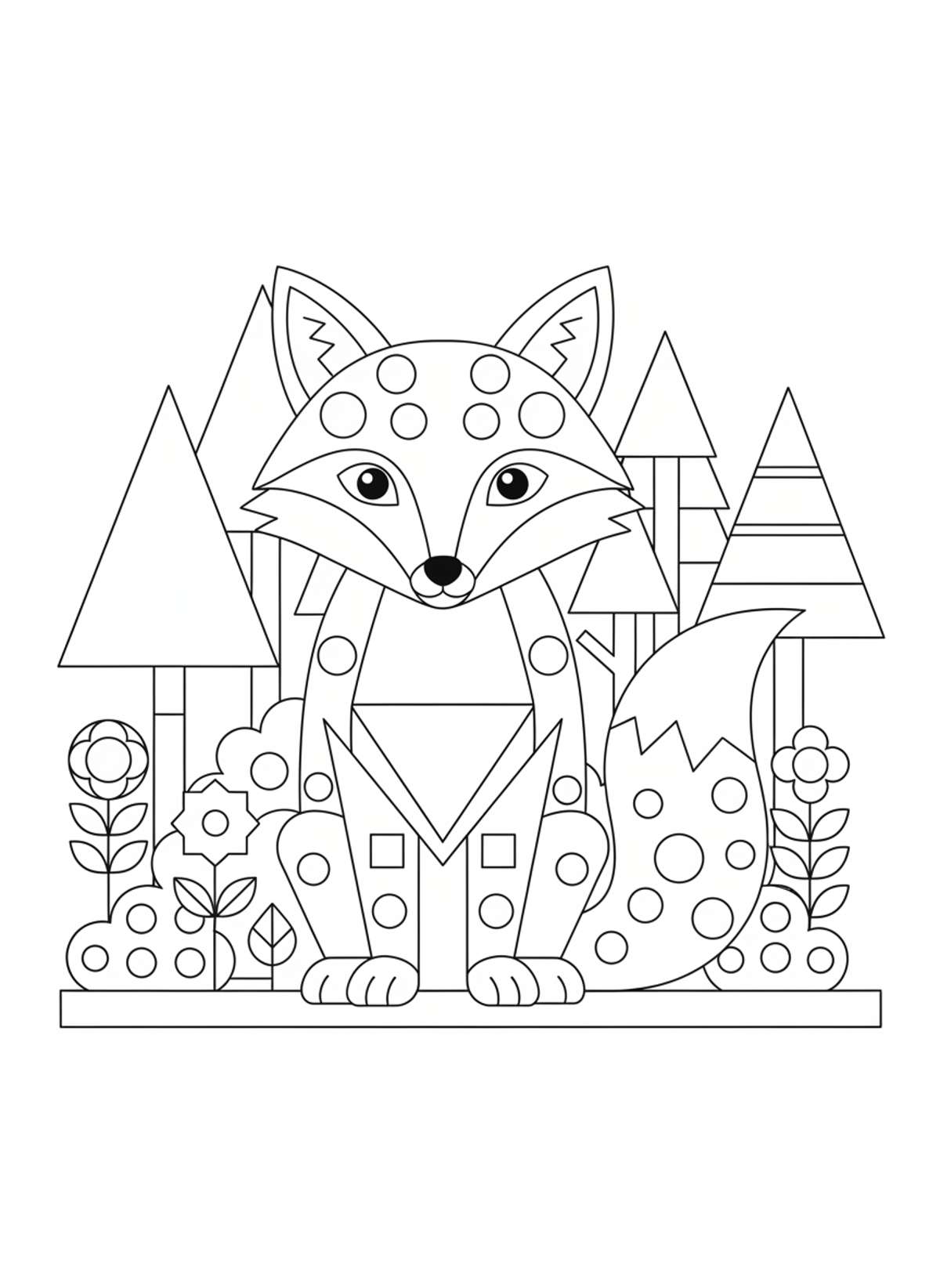 Geometric Fox in Whimsical Forest: A Cute Kids Coloring Page
