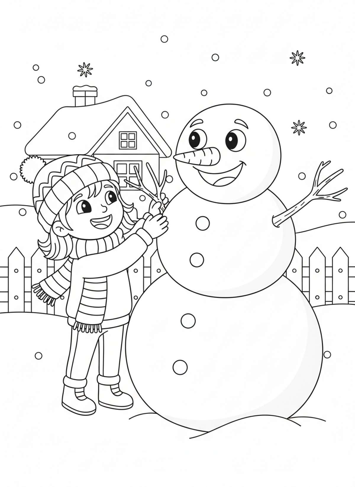 Girl Building Giant Snowman Coloring Page