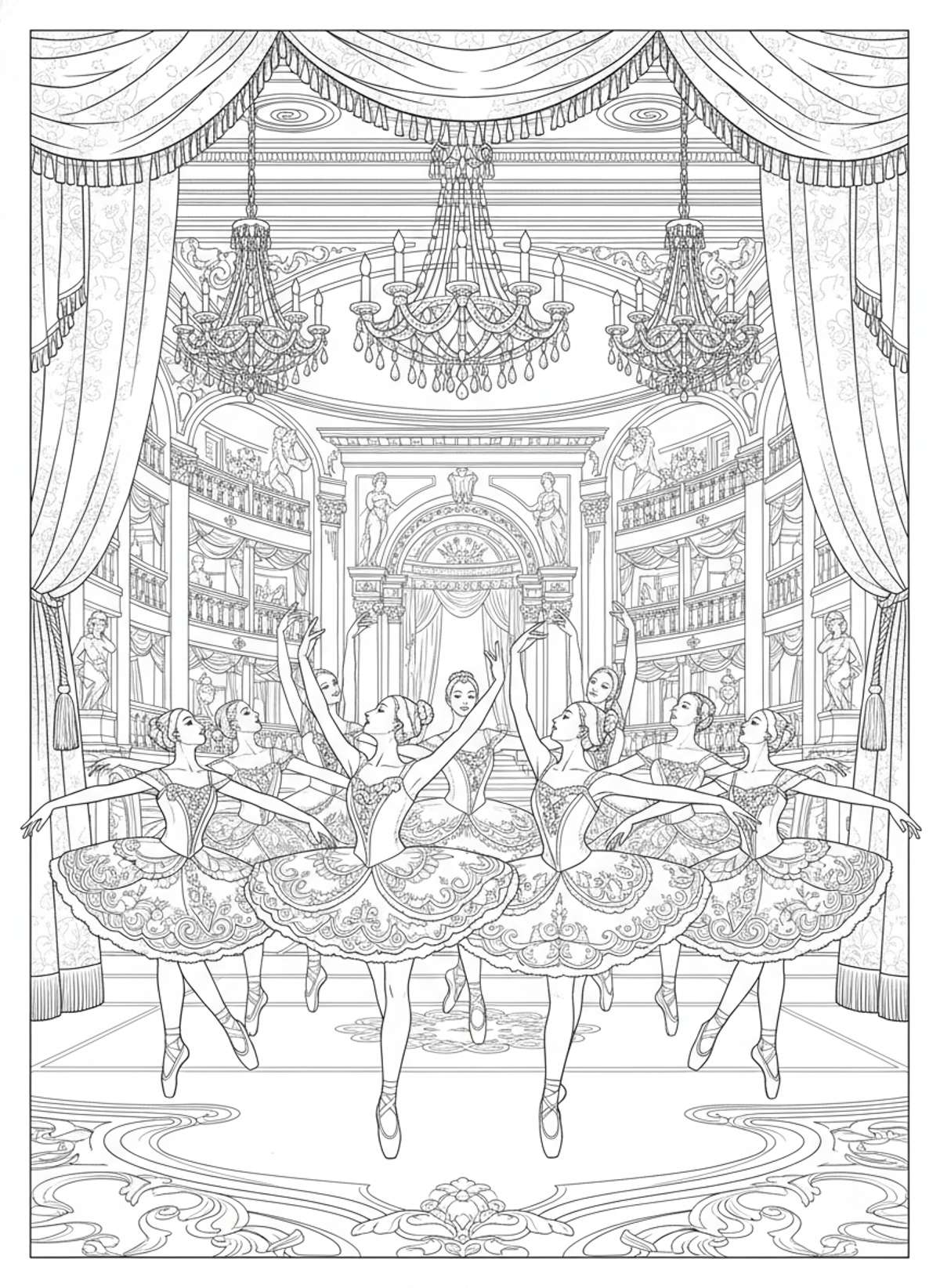 Grand Ballet Performance Coloring Page: Elegant Dancers & Ornate Stage - Ballet Coloring Page