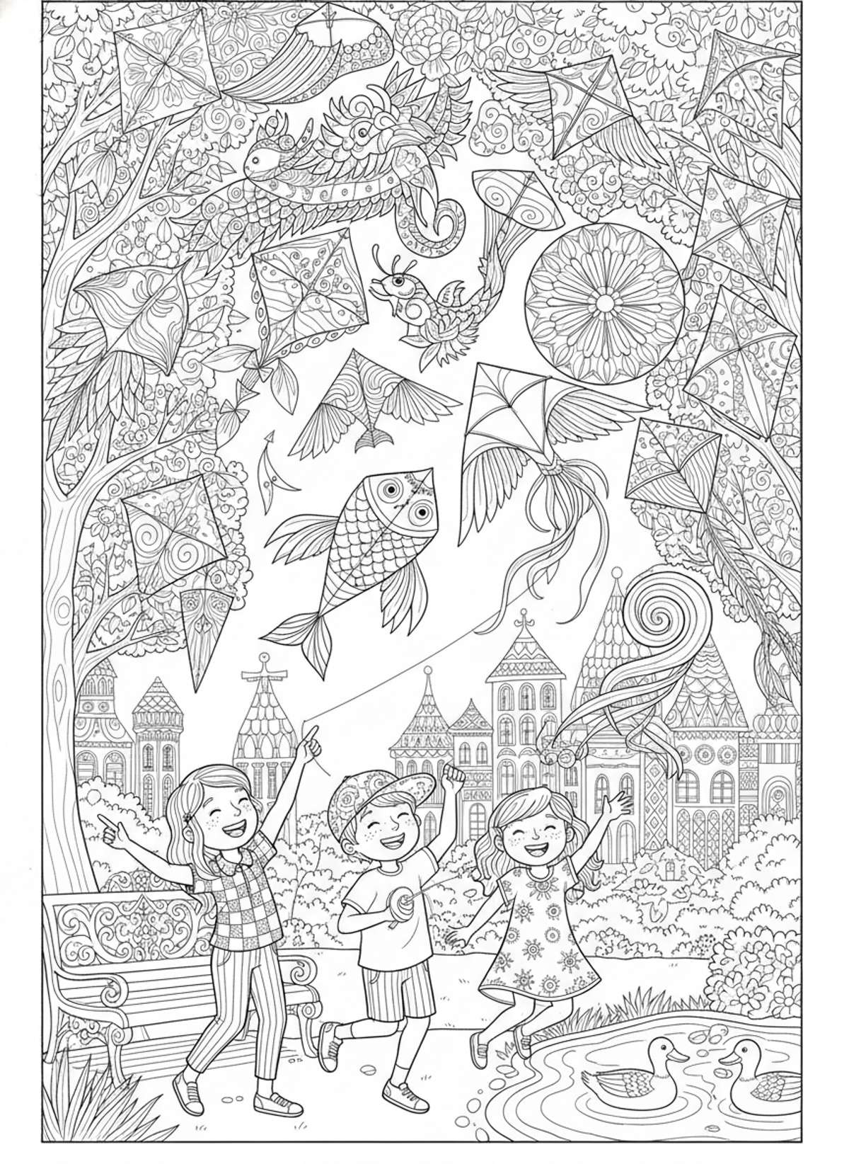 Grand Kite Festival Fun for Kids: Intricate Coloring Page - Festival Celebration Coloring Page