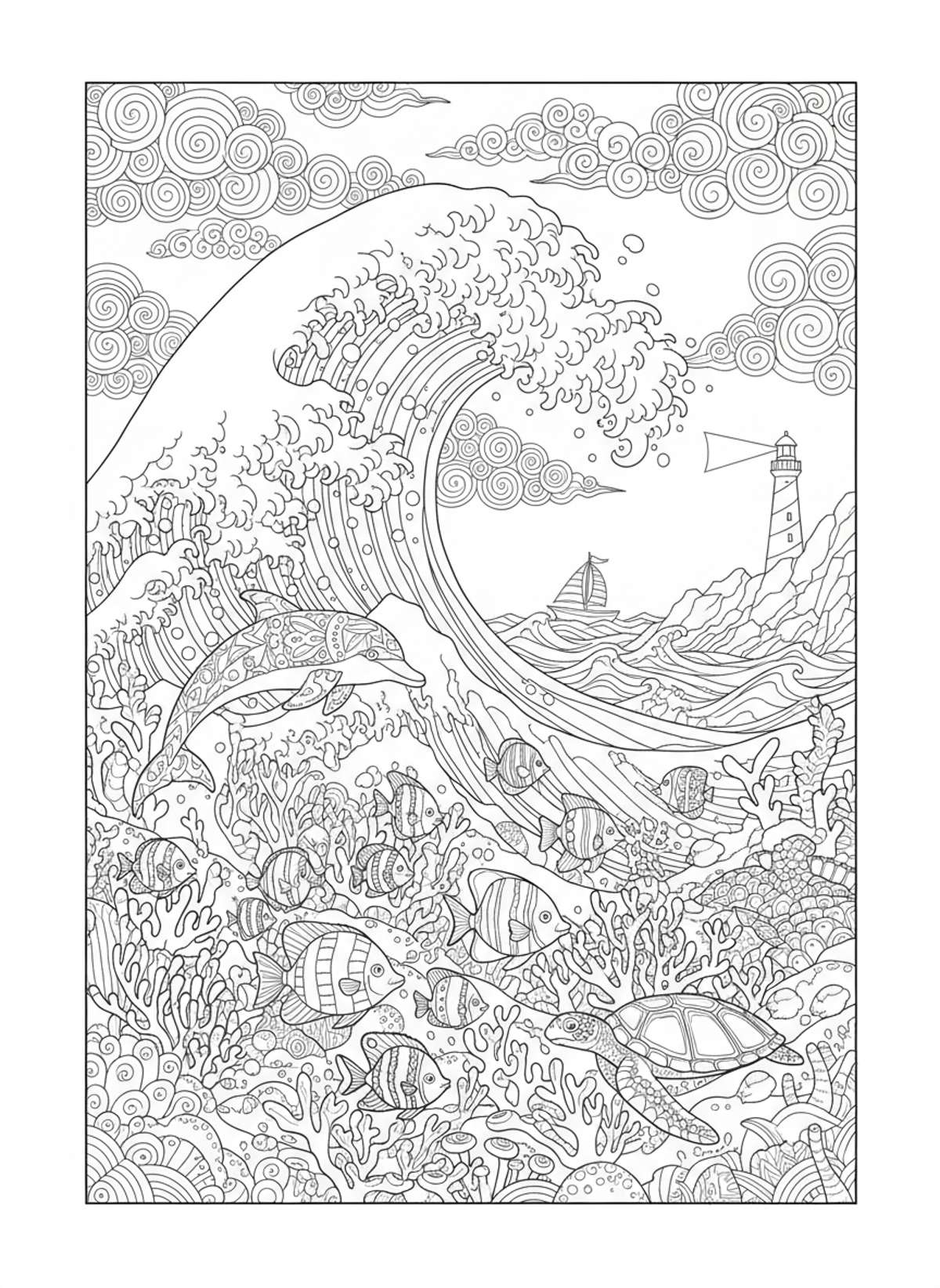 Grand Ocean Adventure: Whimsical Wave & Coral Reef Coloring Page for Kids