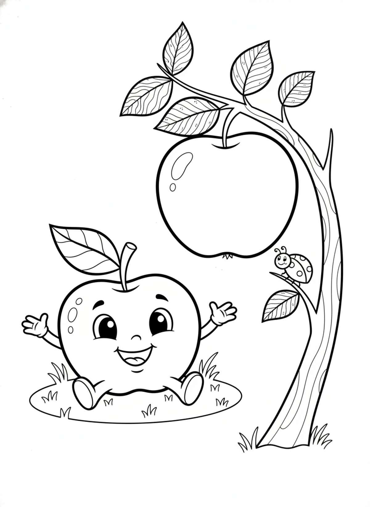 Happy Apple & Ladybug Fun Coloring Page for Kids