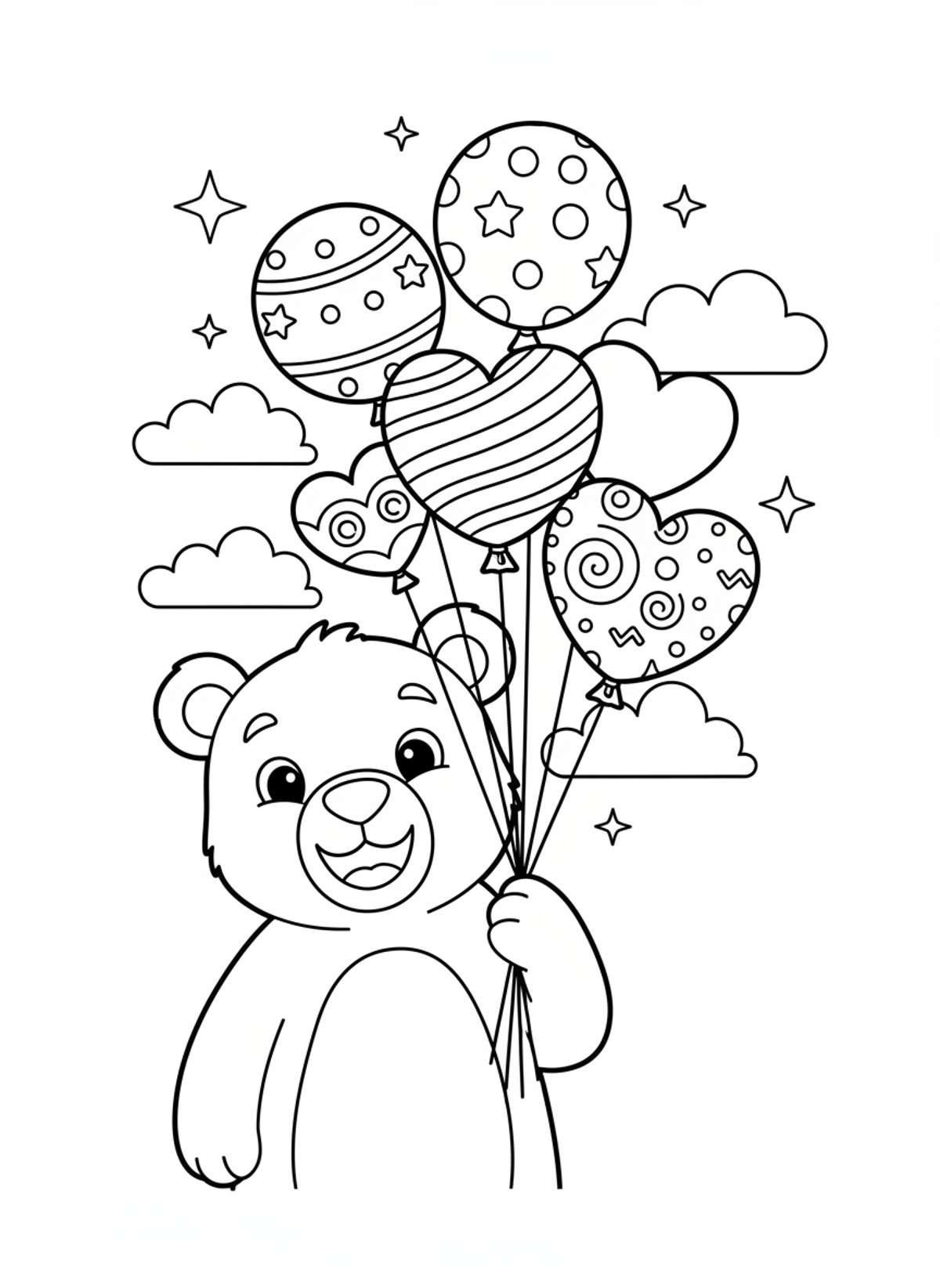 Happy Bear with Balloons Coloring Page for Kids 5-8