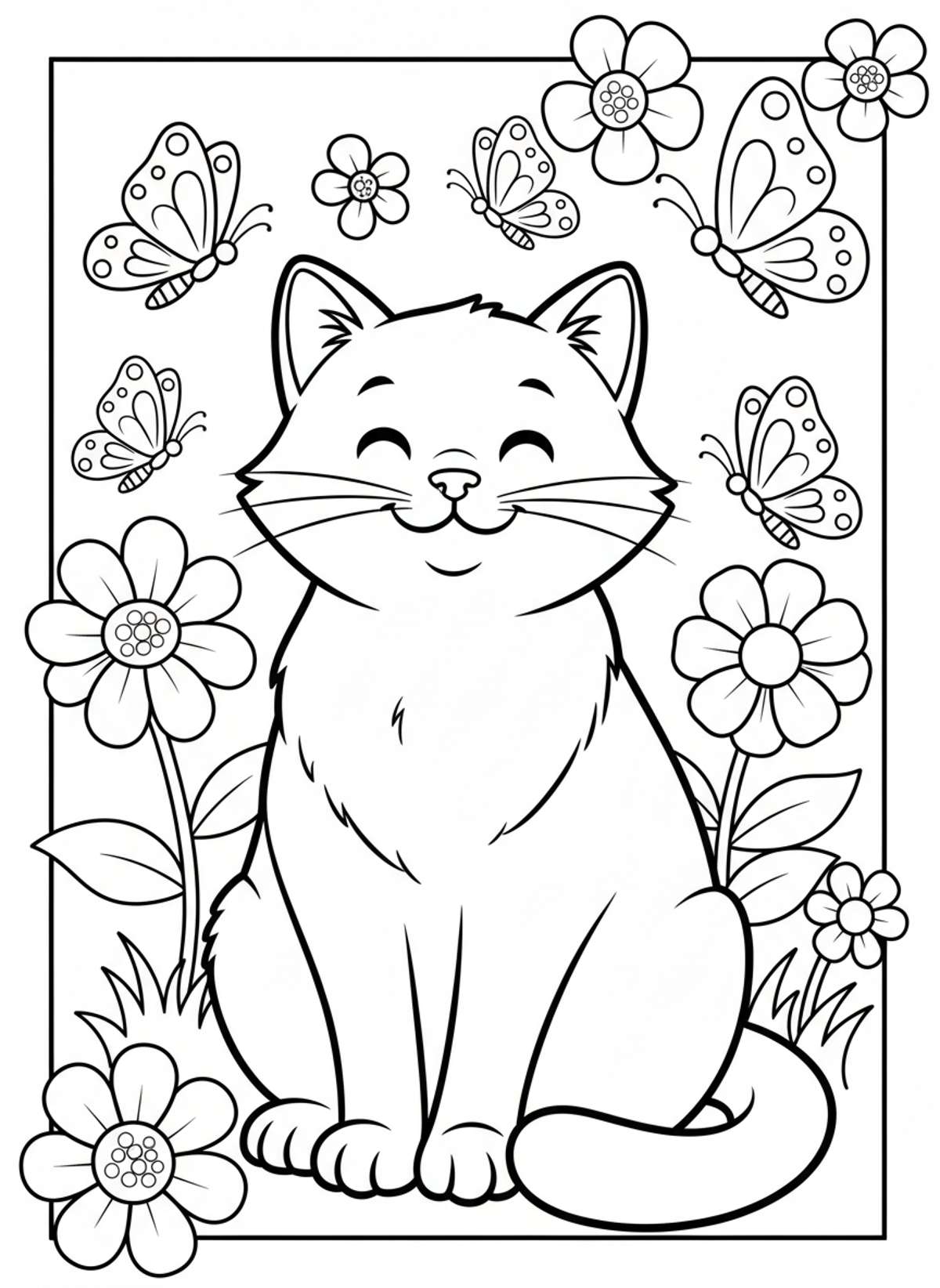 Happy Cartoon Cat in a Whimsical Garden Coloring Page for Kids