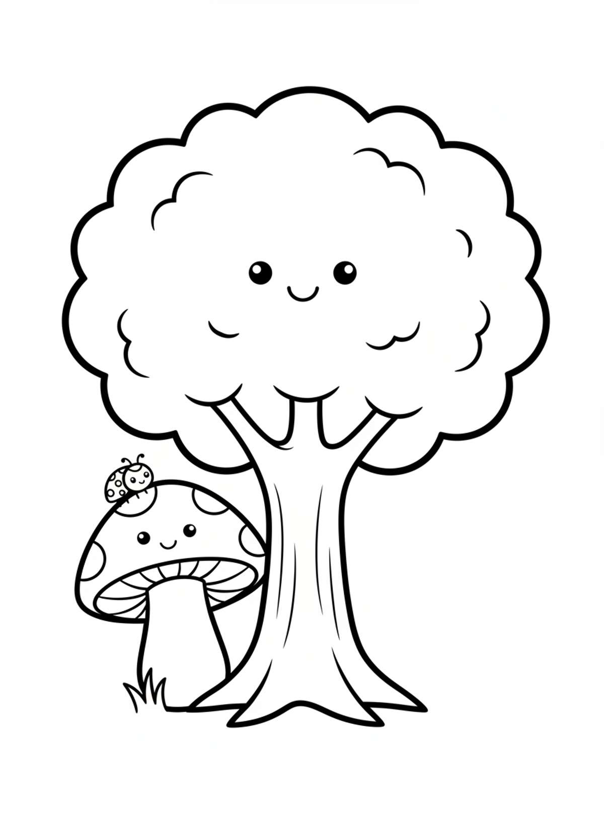 Happy Cartoon Tree, Mushroom & Ladybug Coloring Page for Kids
