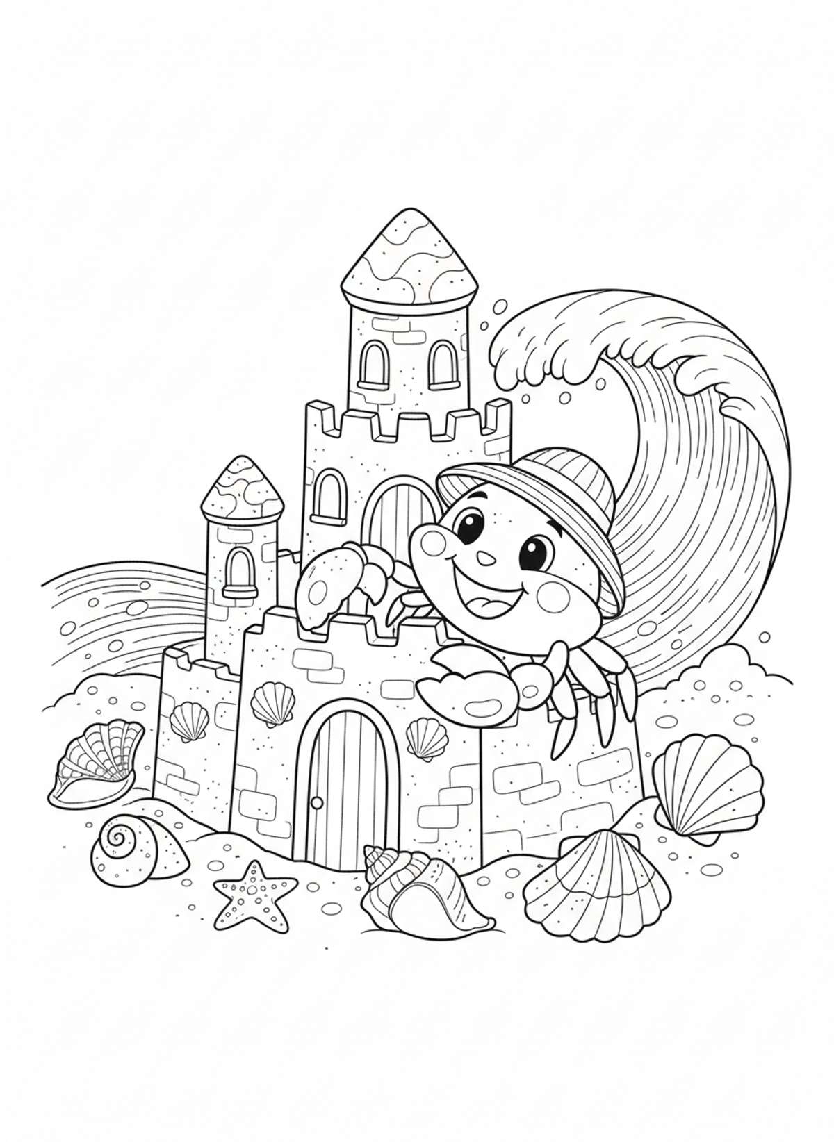 Happy Crab Builds Sandcastle Coloring Page for Kids - Crab Coloring Page