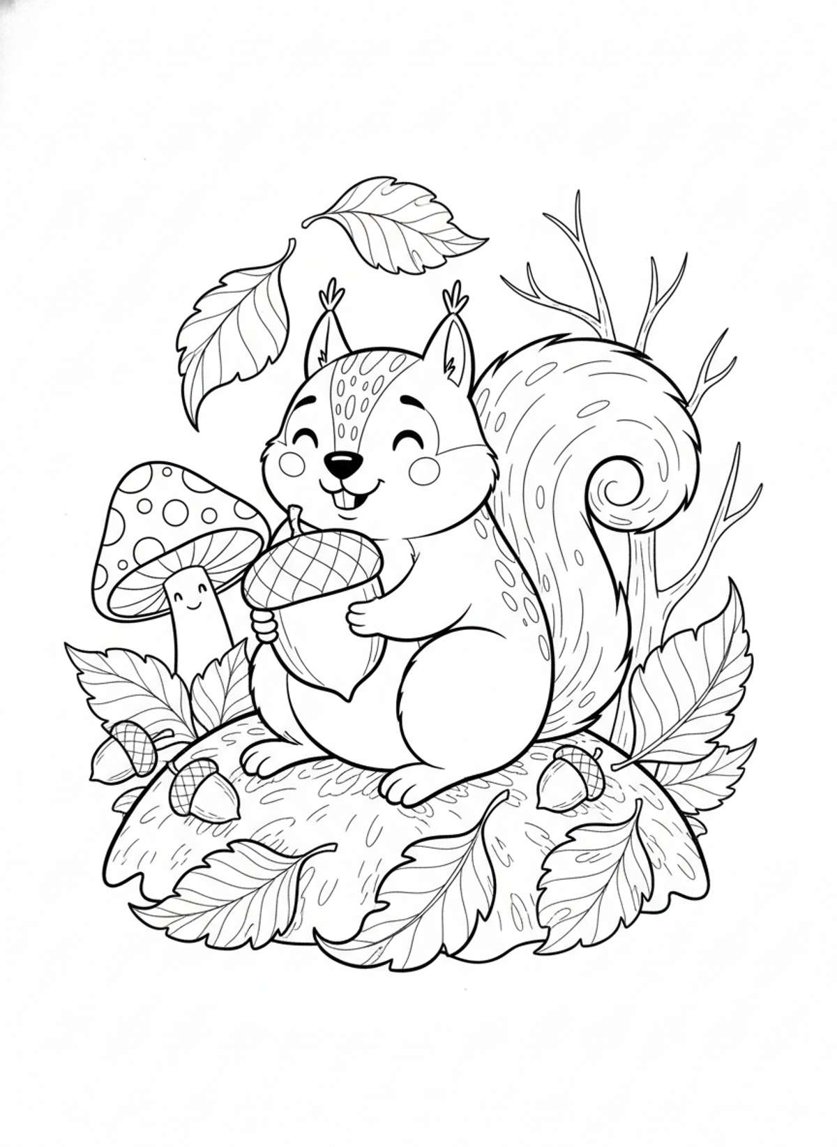 Happy Squirrel with Acorn: Fun Autumn Coloring Page for Kids 5-8