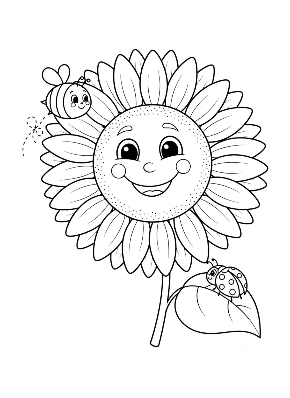 Happy Sunflower Coloring Page for Kids with Bee & Ladybug