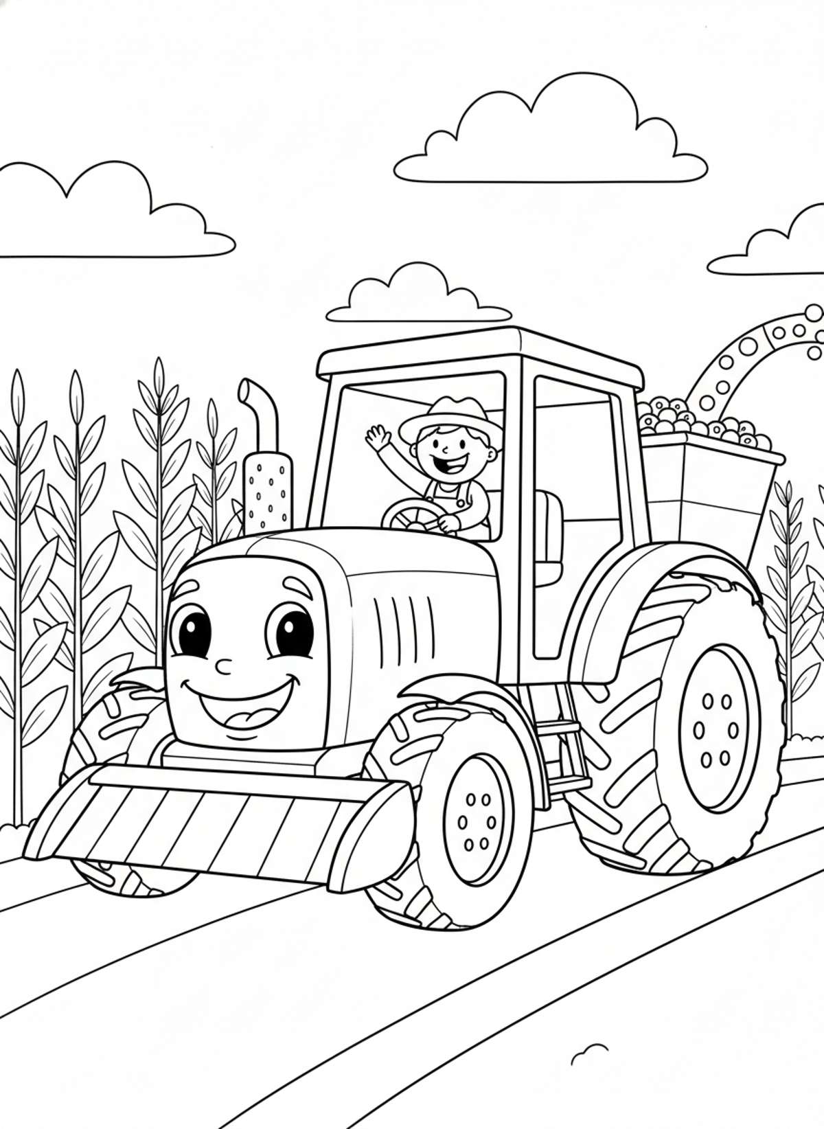 Happy Tractor Harvesting Fun: A Farm Adventure Coloring Page for Kids