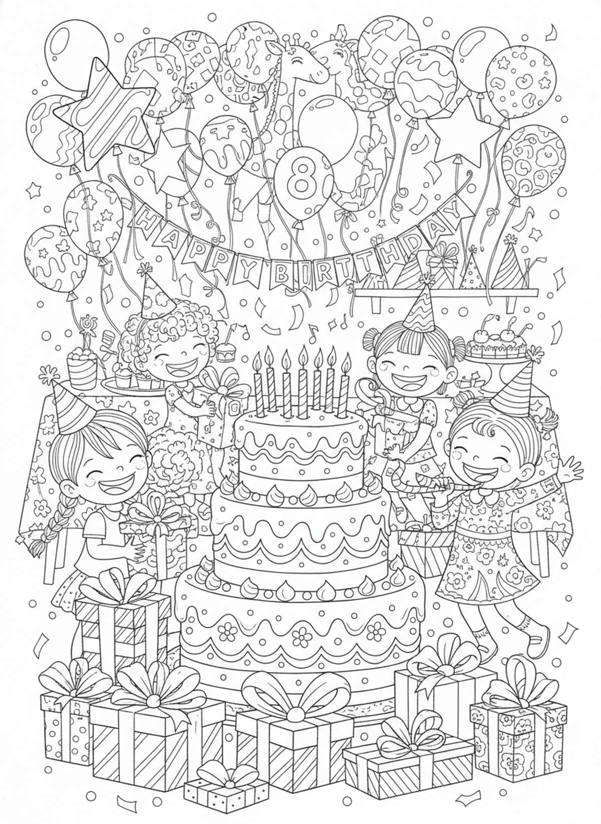 Joyful Birthday Party Celebration: An Intricate Coloring Page for Kids 8-10