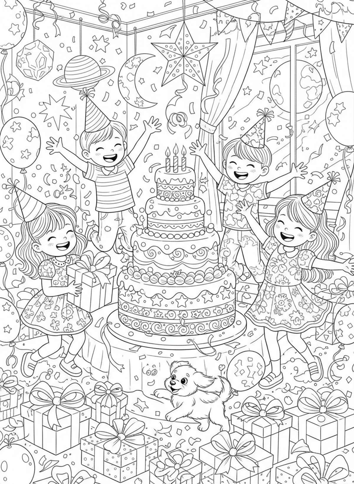 Joyful Birthday Party Celebration: Detailed Coloring Page for Kids 8-10