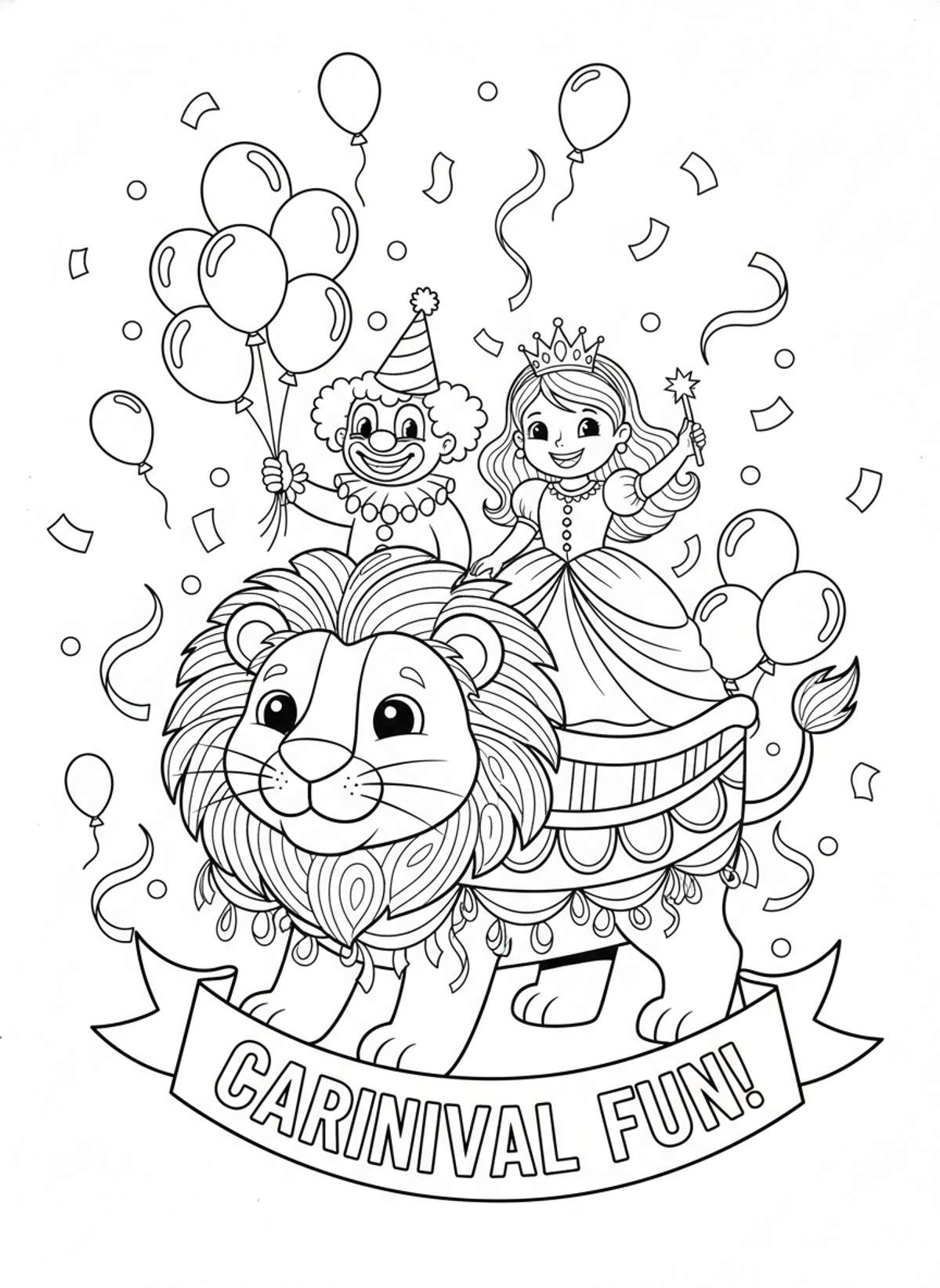 Joyful Carnival Parade: Lion Float with Clown & Princess - Festival Celebration Coloring Page