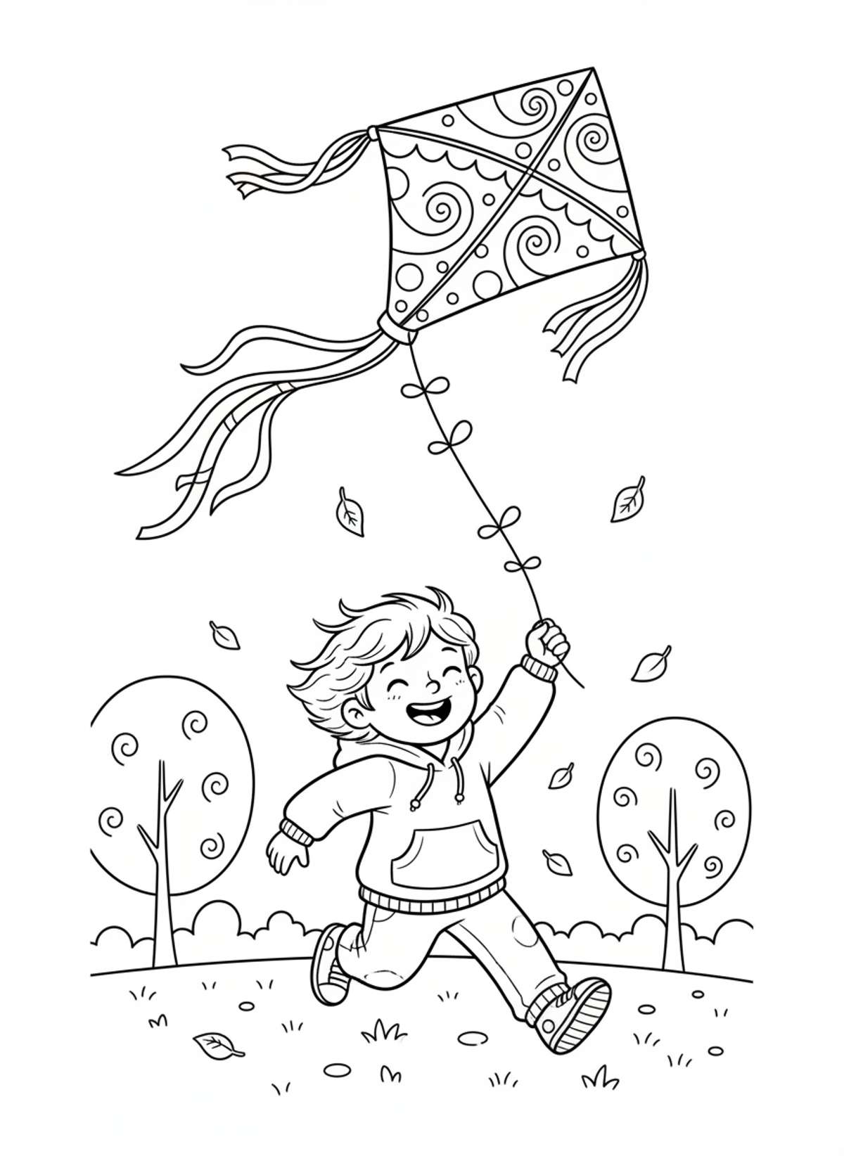 Joyful Child Flying Kite in Autumn Breeze Coloring Page
