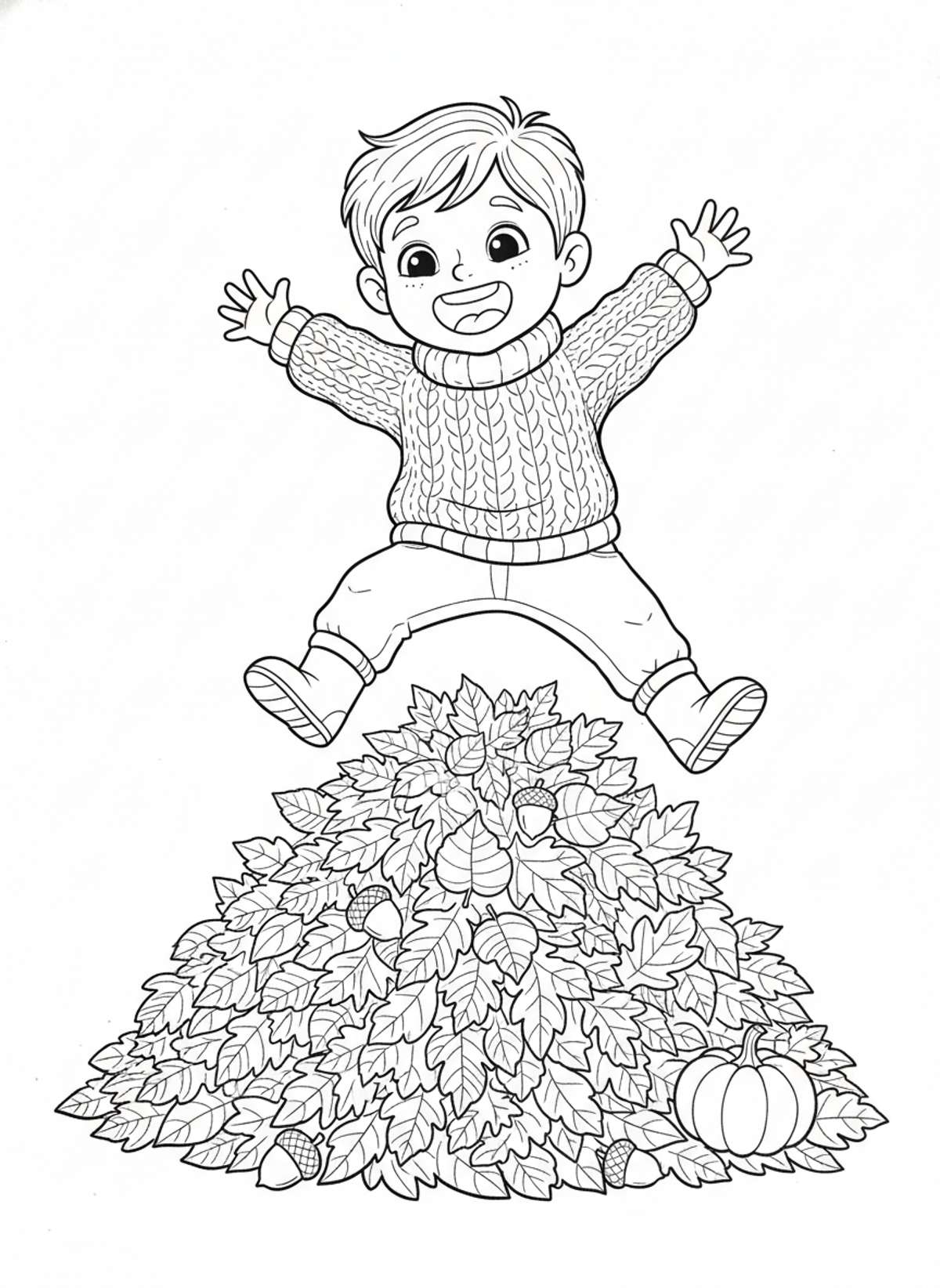 Joyful Child Playing in Autumn Leaf Pile Coloring Page
