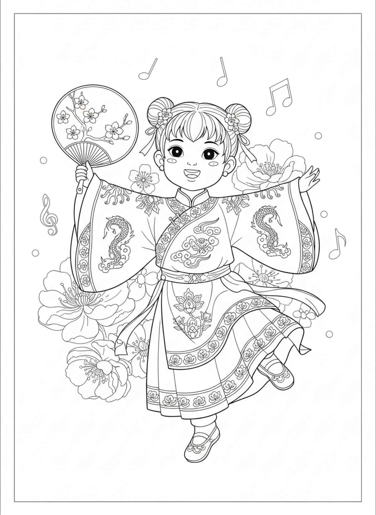 Joyful Chinese Folk Dancer: Kids' Coloring Page - Festival Celebration Coloring Page
