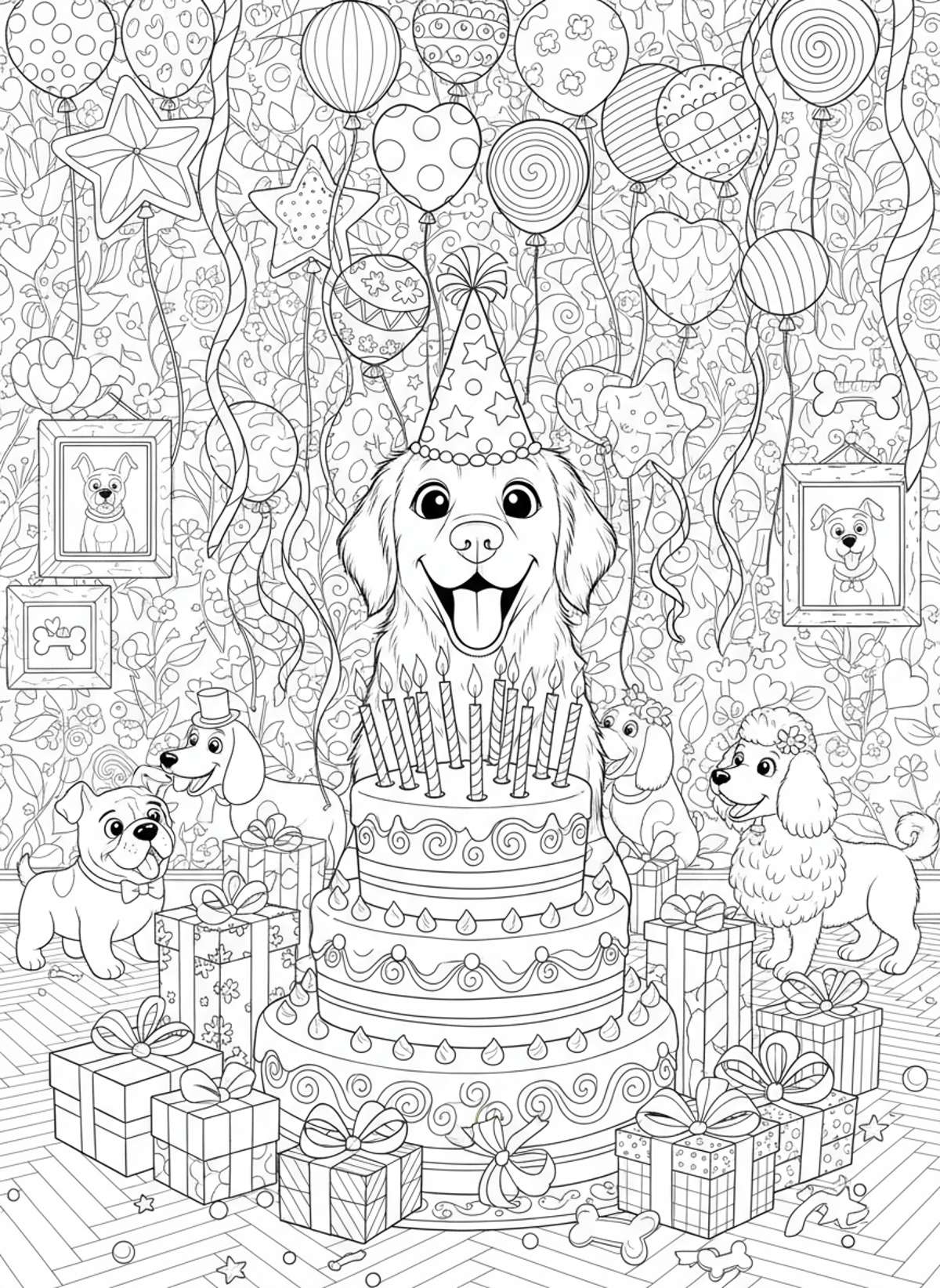 Joyful Dog Birthday Party: Intricate Coloring Page for Advanced Young Artists