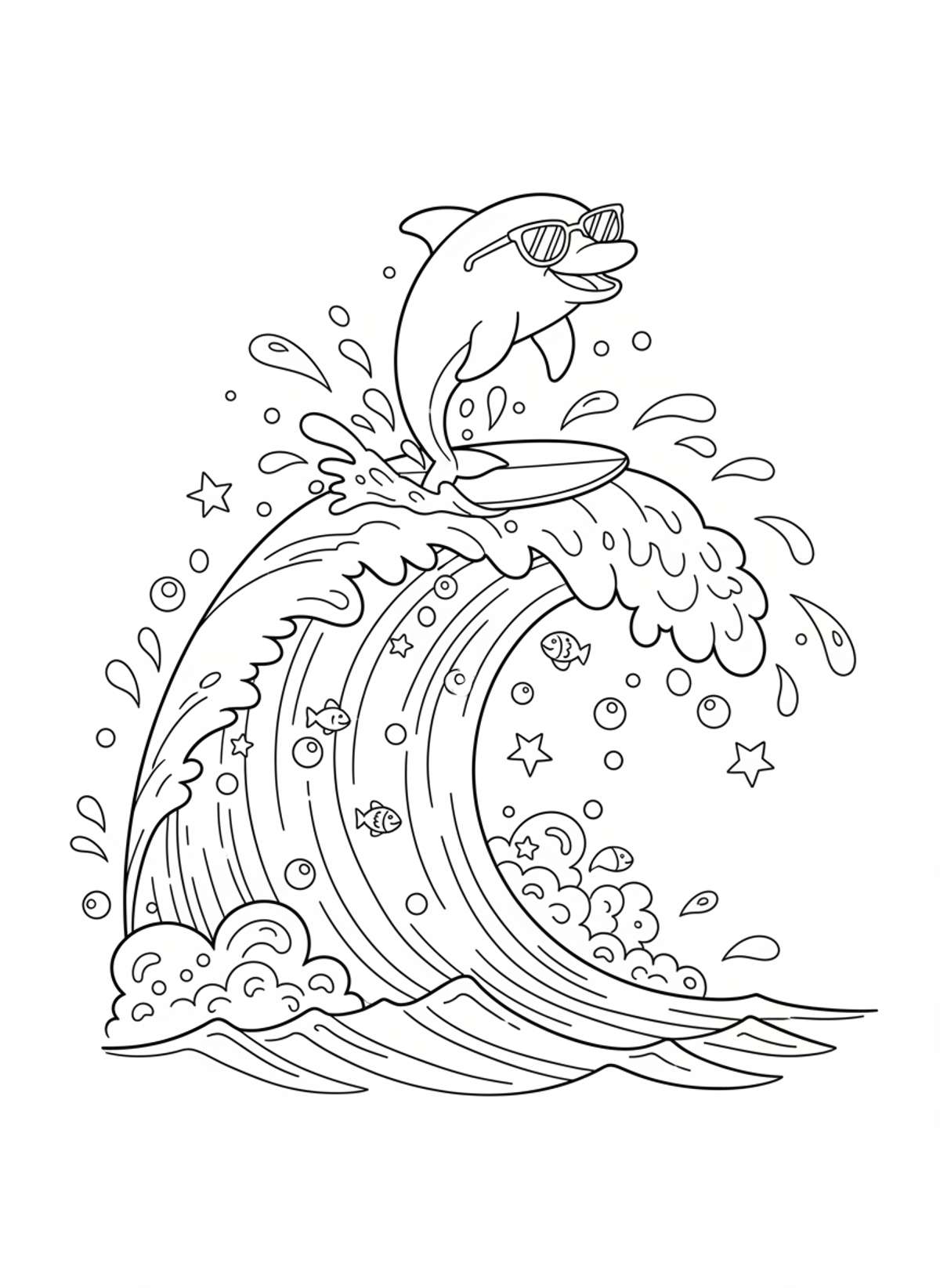 Joyful Dolphin Surfing Ocean Wave Kids Coloring Page - Ocean Animal Coloring Page
