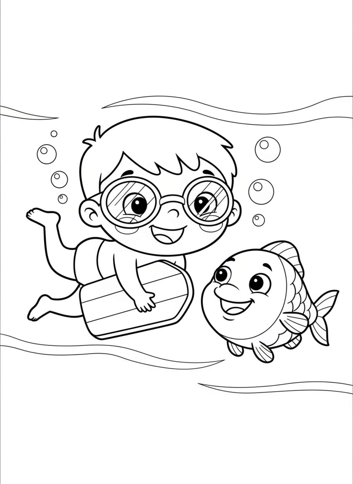 Joyful Underwater Adventure: Child & Fish Coloring Page - Ocean Animal Coloring Page