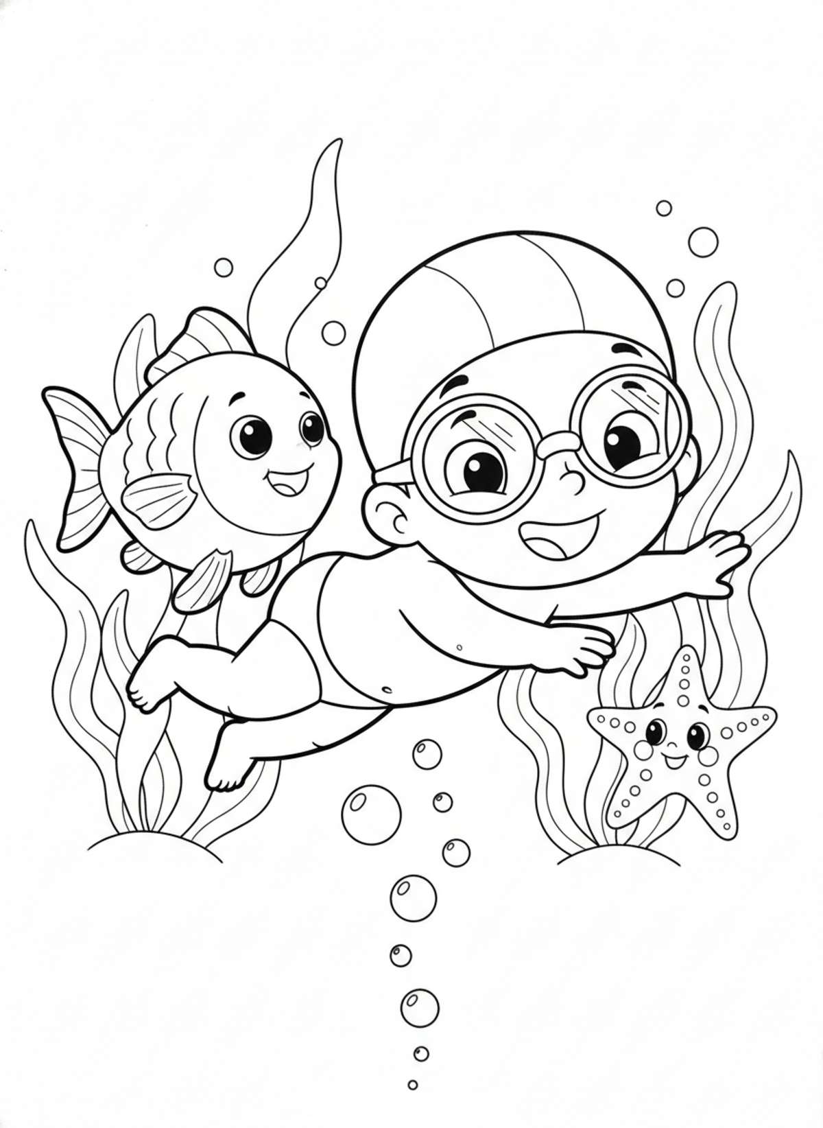 Joyful Underwater Adventure: Child Swims with Fish & Starfish