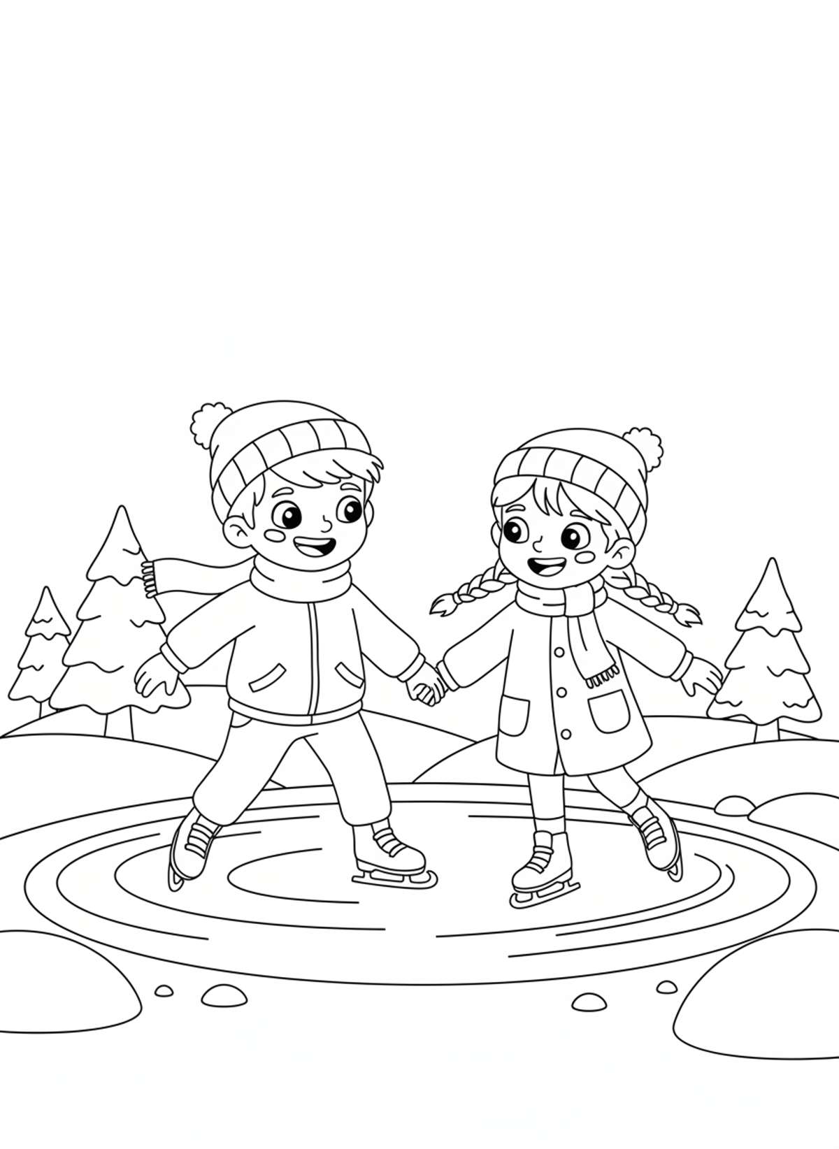 Kids Ice Skating Joy Coloring Page