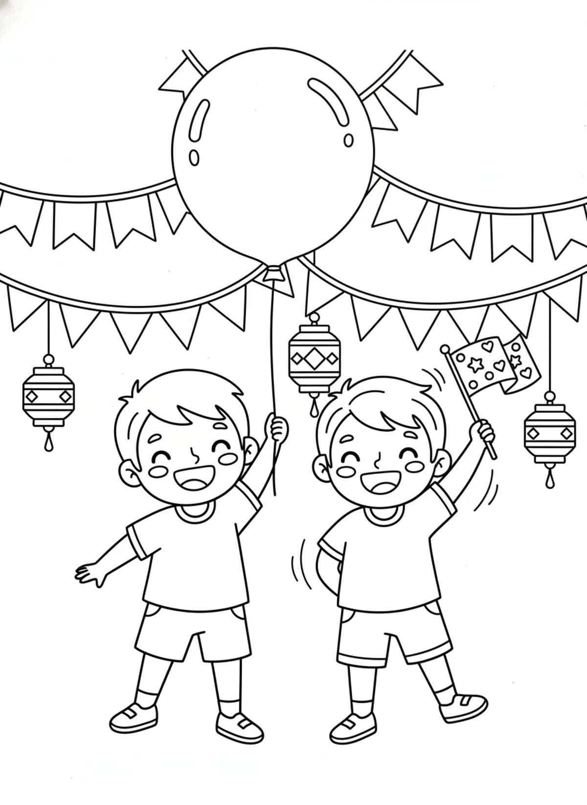 Kids' Outdoor Festival Fun: Balloon & Flag Coloring Page - Festival Celebration Coloring Page