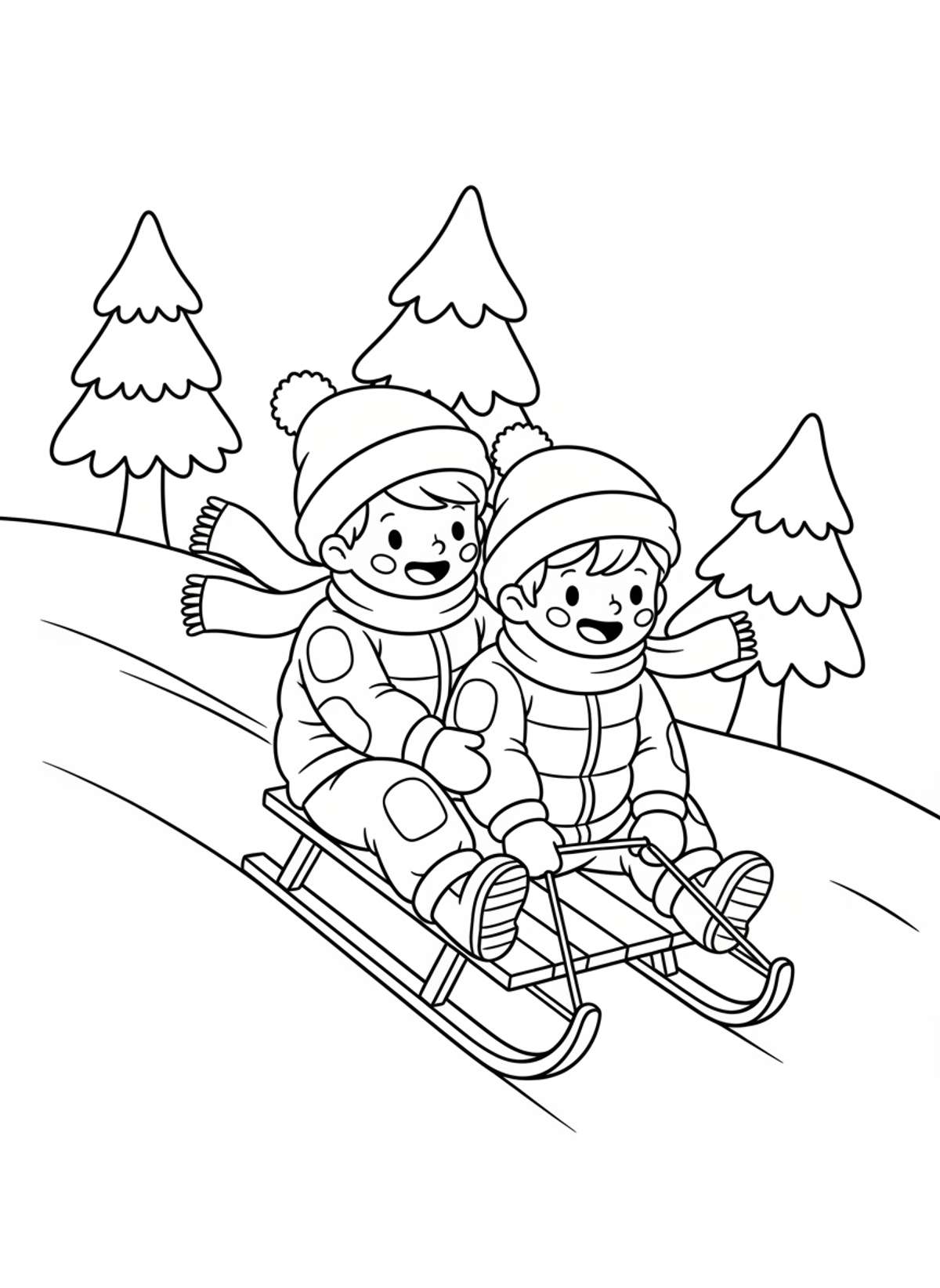 Kids Sledding Downhill Fun Coloring Page