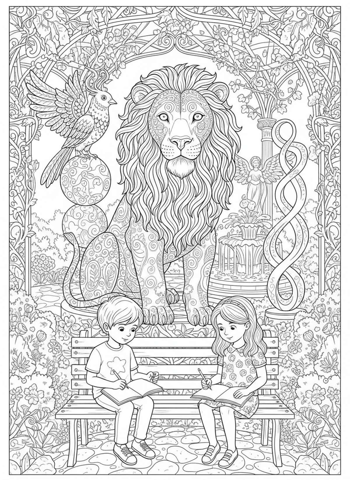 Magical Sculpture Garden: Lion & Whimsical Statues Coloring Page for Kids 8-10