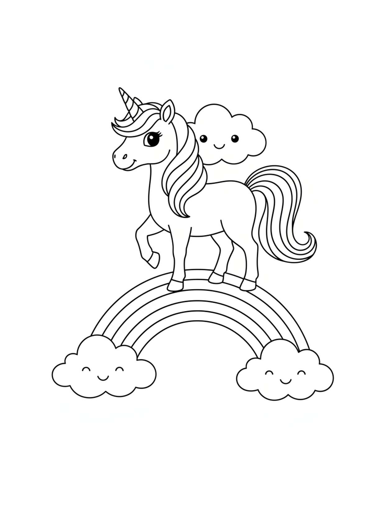Magical Unicorn on Rainbow Coloring Page for Kids