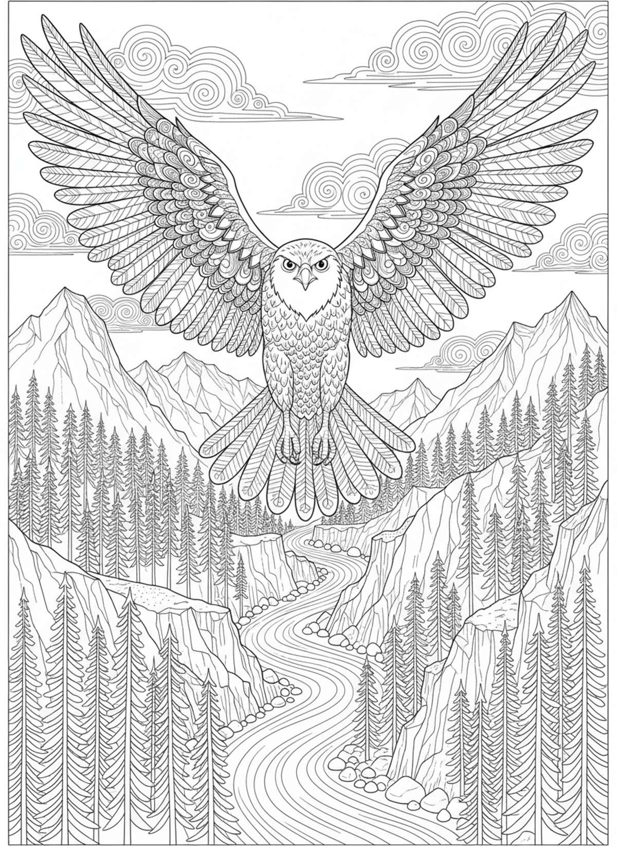 Majestic Hawk Soaring Over Mountain Forest: Detailed Kids Coloring Page