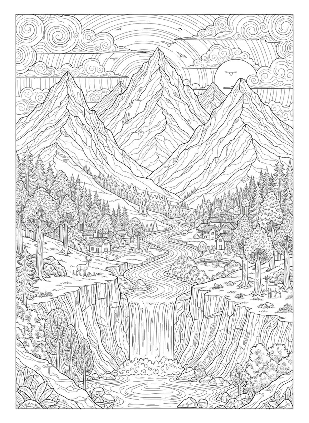 Majestic Mountain & Forest Village: Detailed Landscape Coloring Page for Kids 8-10