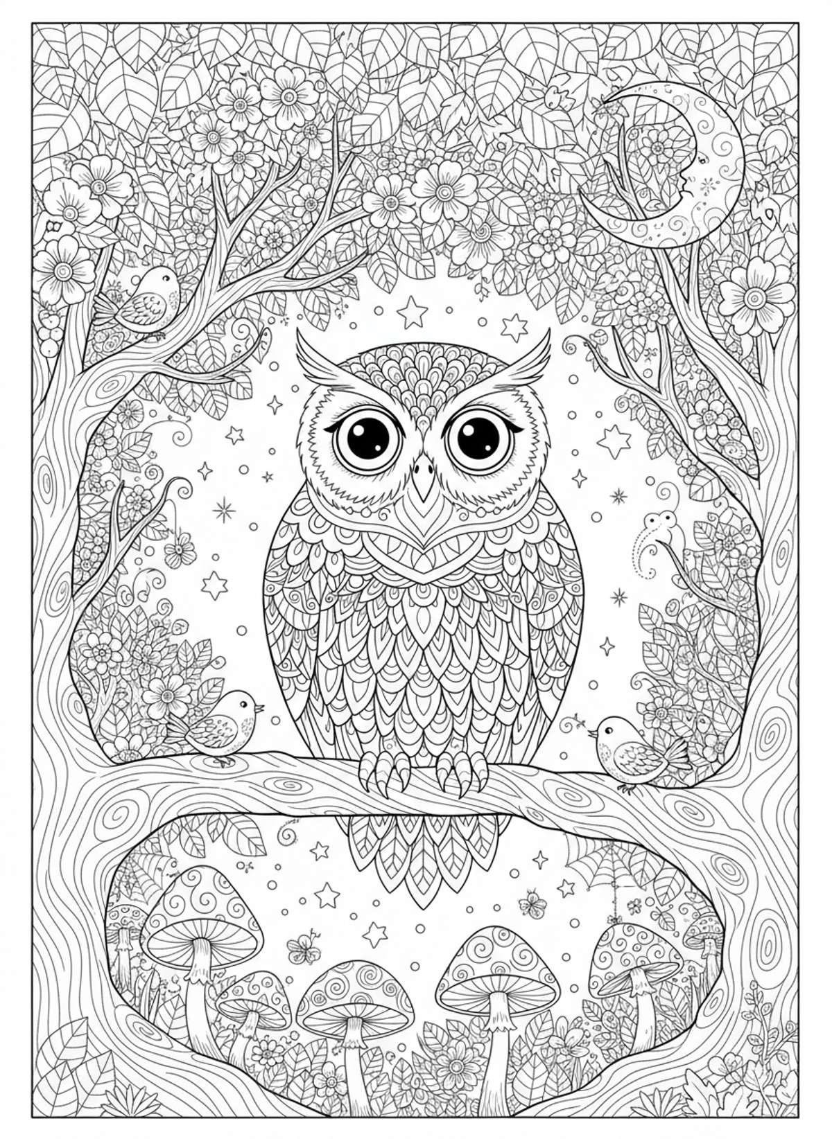 Majestic Owl in Enchanted Night Forest Coloring Page for Kids - Owl Coloring Page