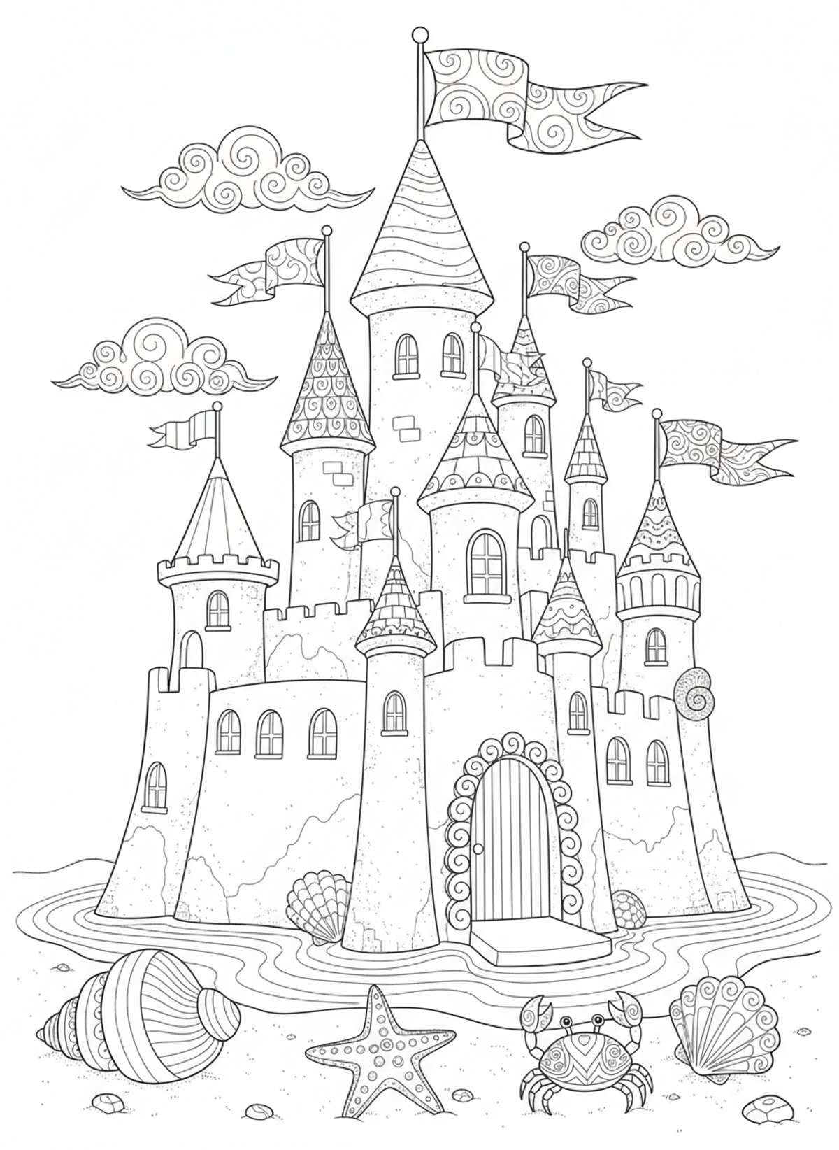 Majestic Sandcastle Beach Adventure Coloring Page