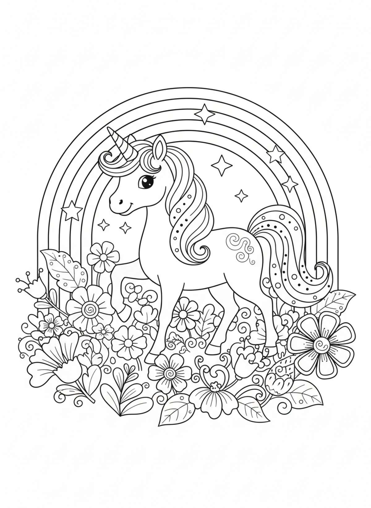 Majestic Unicorn & Rainbow Coloring Page for Kids