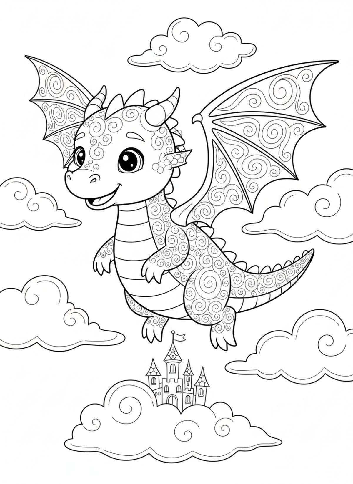 Playful Baby Dragon Flying Over a Whimsical Castle